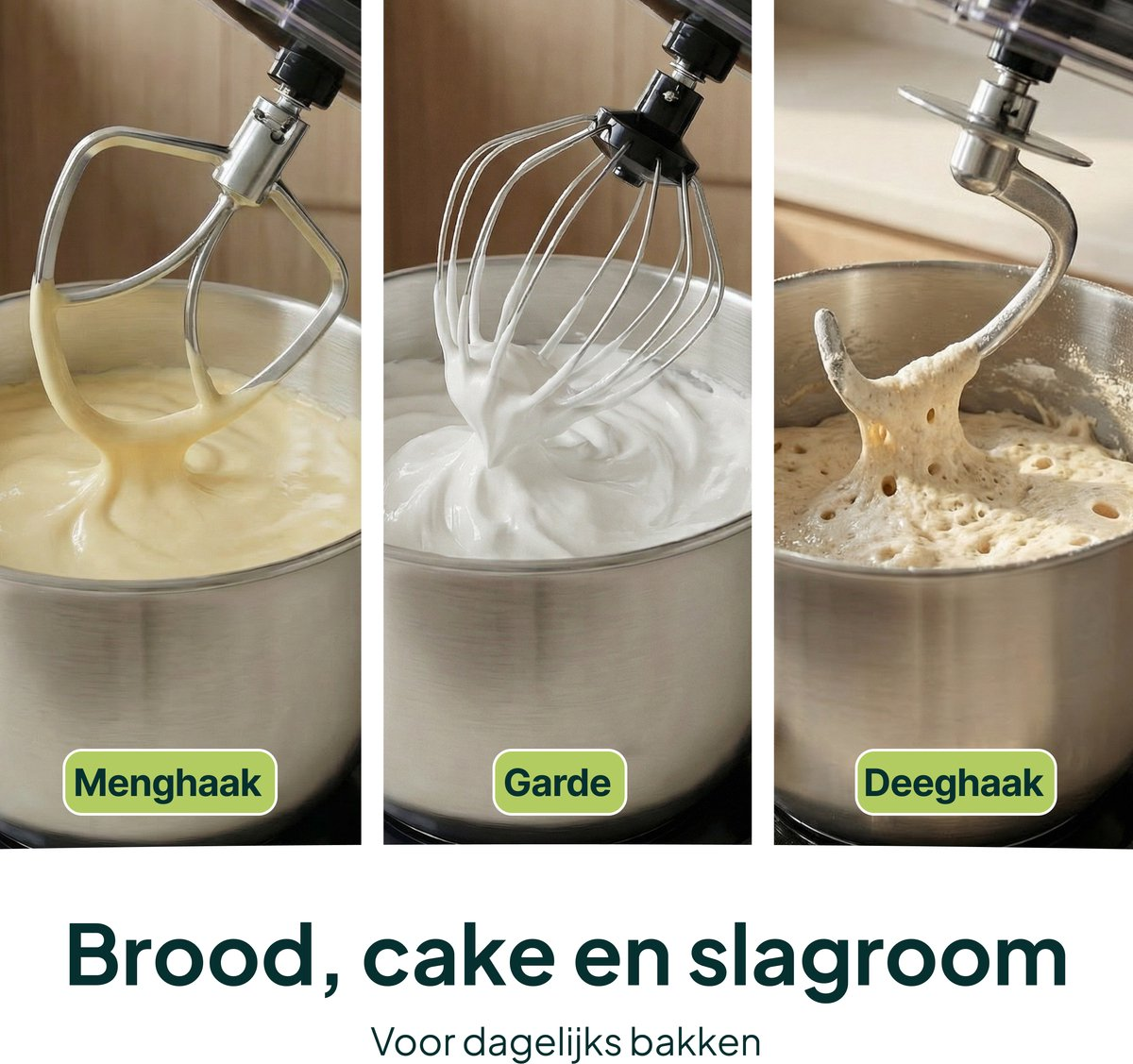 A kitchen mixer with three different attachments: batter, meringue, and dough.