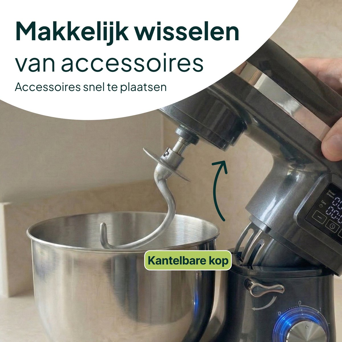 Kitchen mixer with dough hook and bowl. Accessories are easy to change.