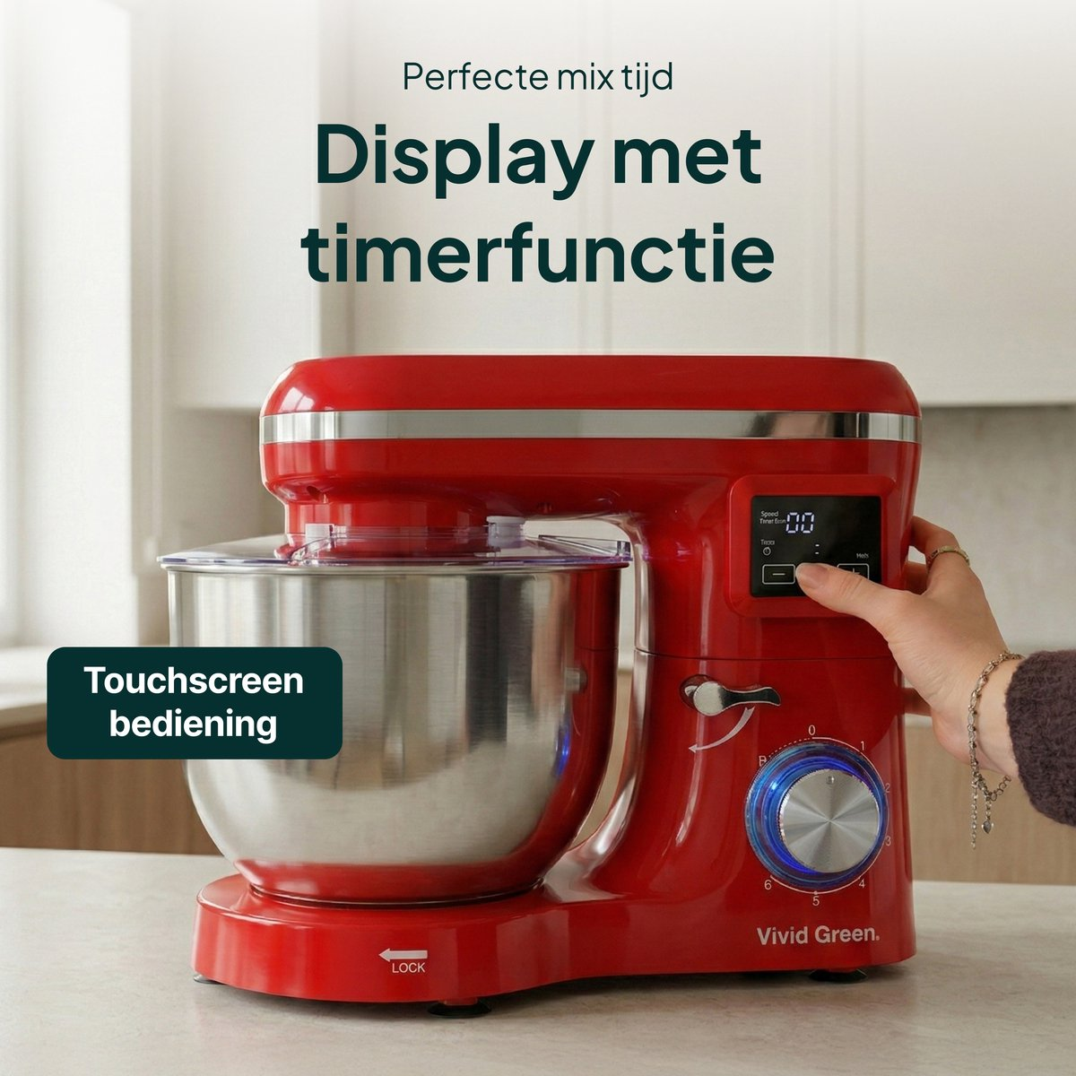 Red stand mixer with stainless steel bowl and touchscreen display.