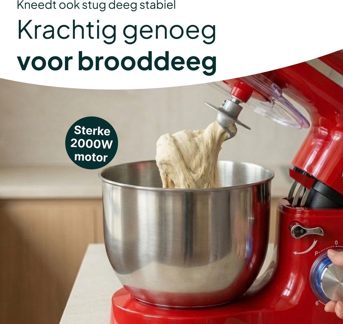 Red stand mixer kneading dough in a stainless steel bowl. Powerful motor.