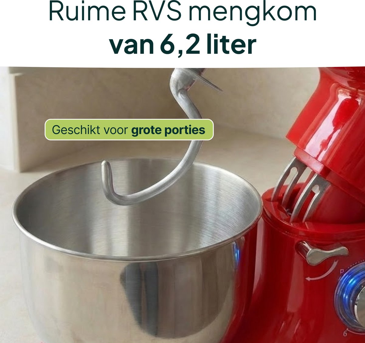 Red stand mixer with large stainless steel bowl and dough hook.