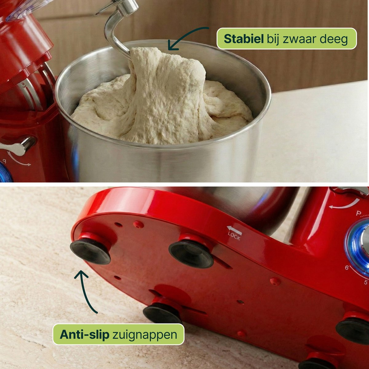 Red stand mixer kneading heavy dough; base with suction cups