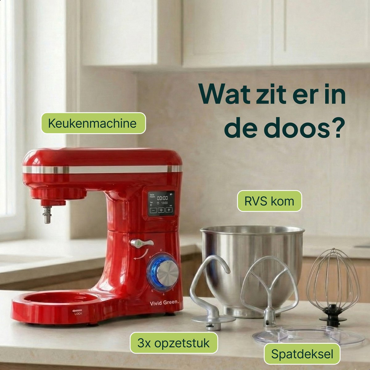 Red kitchen mixer with accessories: bowl, hook, whisk, splash guard.