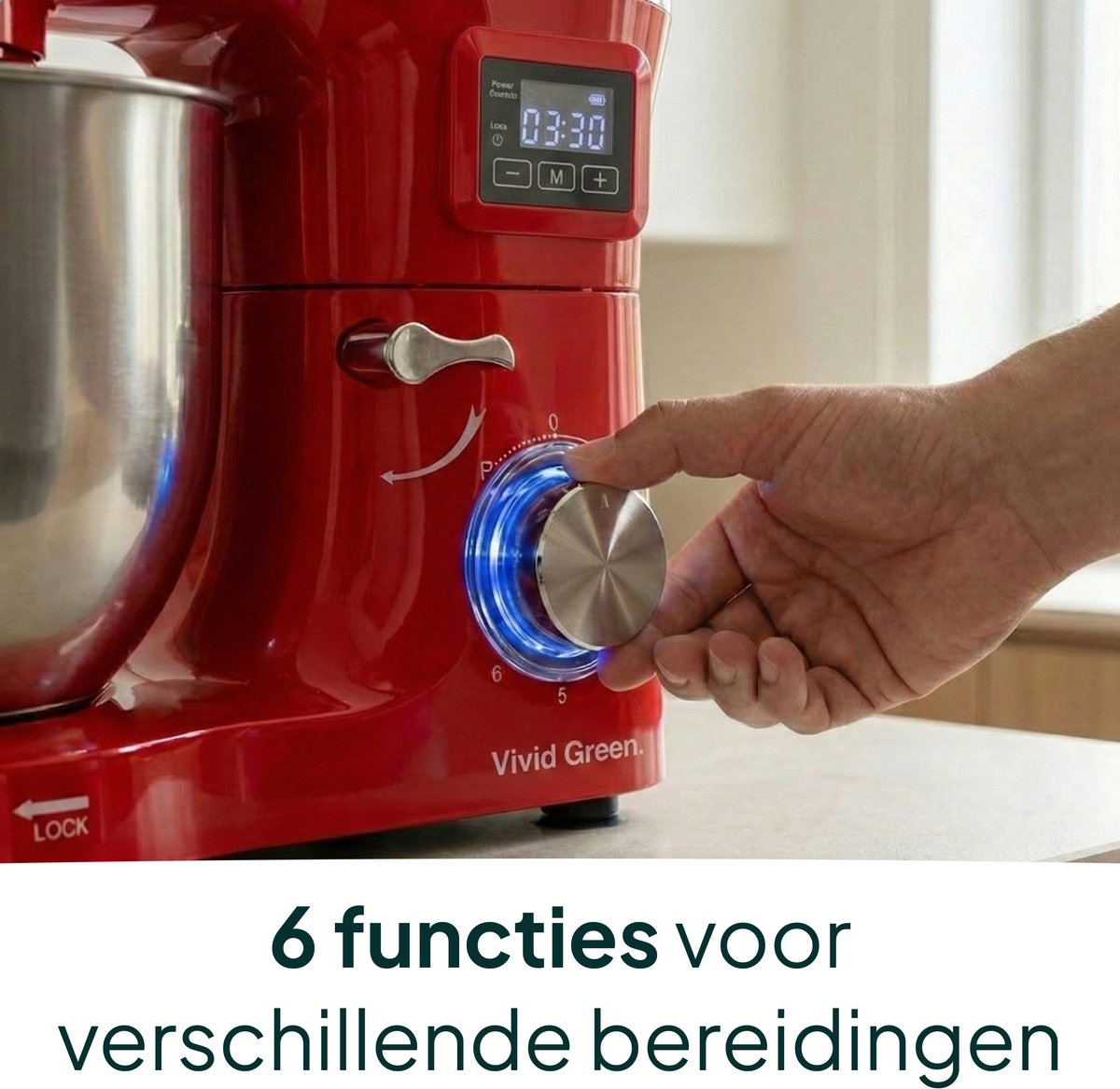 Red stand mixer with digital display, hand adjusting dial.