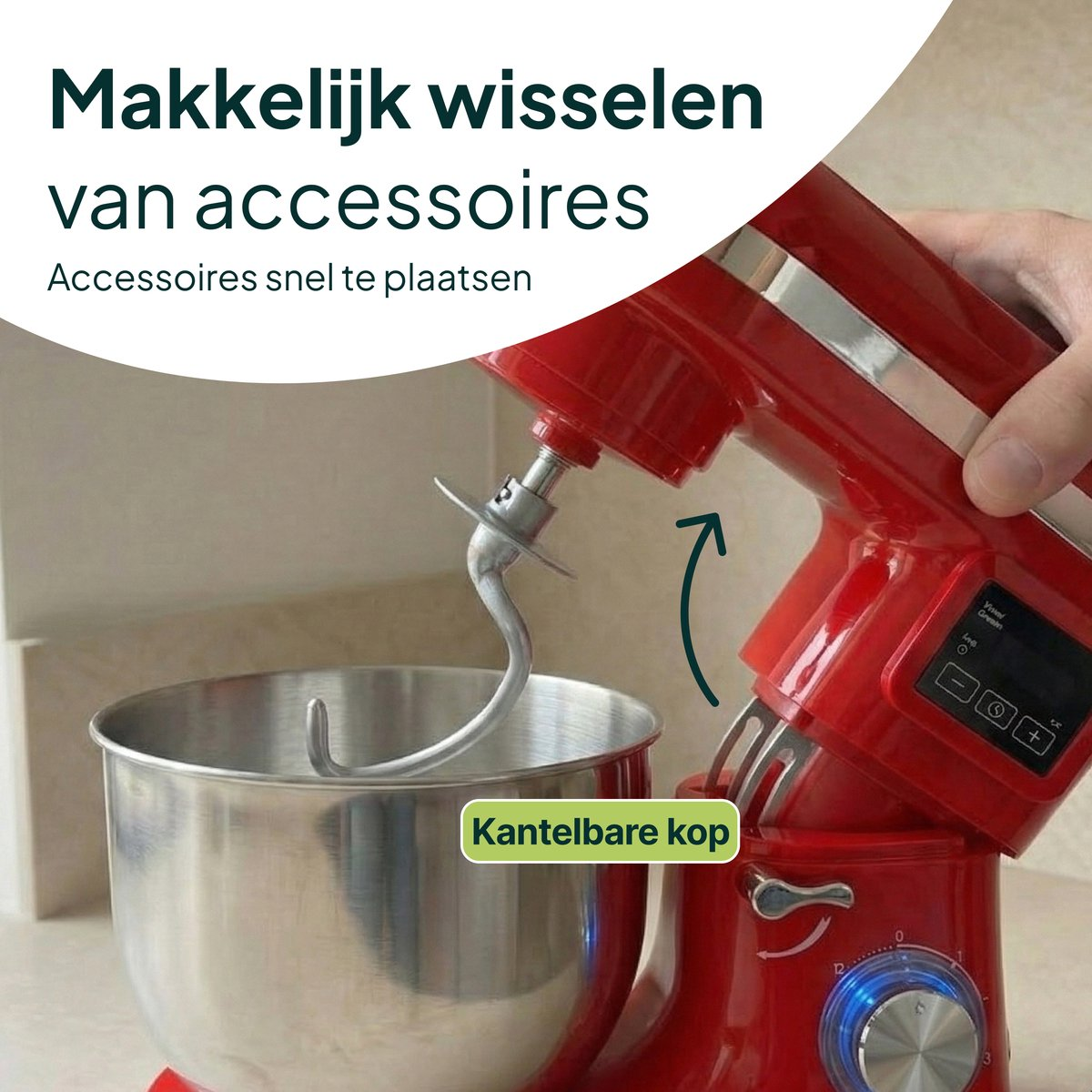 Red stand mixer with silver bowl and dough hook. Tilting head design.