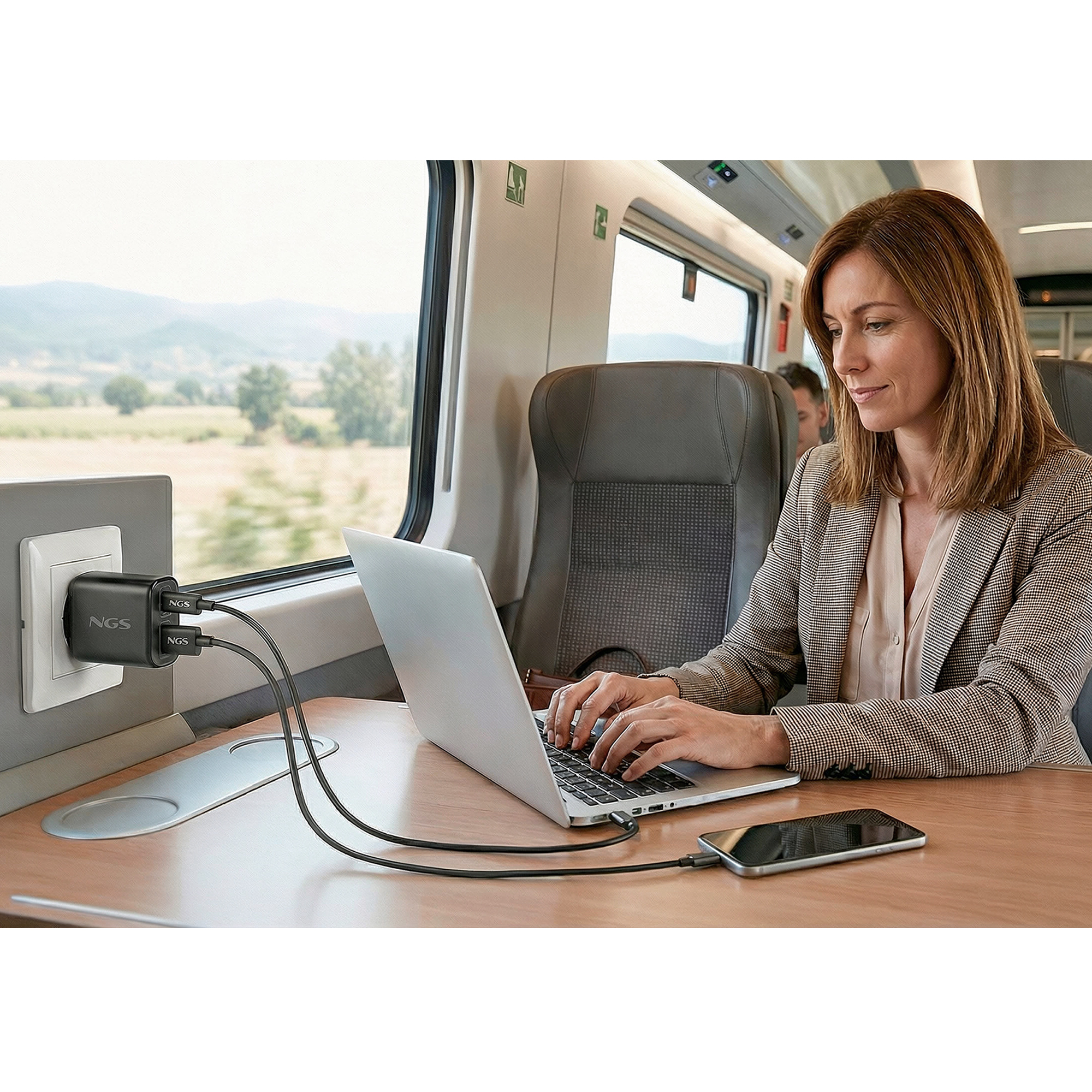 Mujer carga portátil y teléfono en tren con dos cargadores NGS.