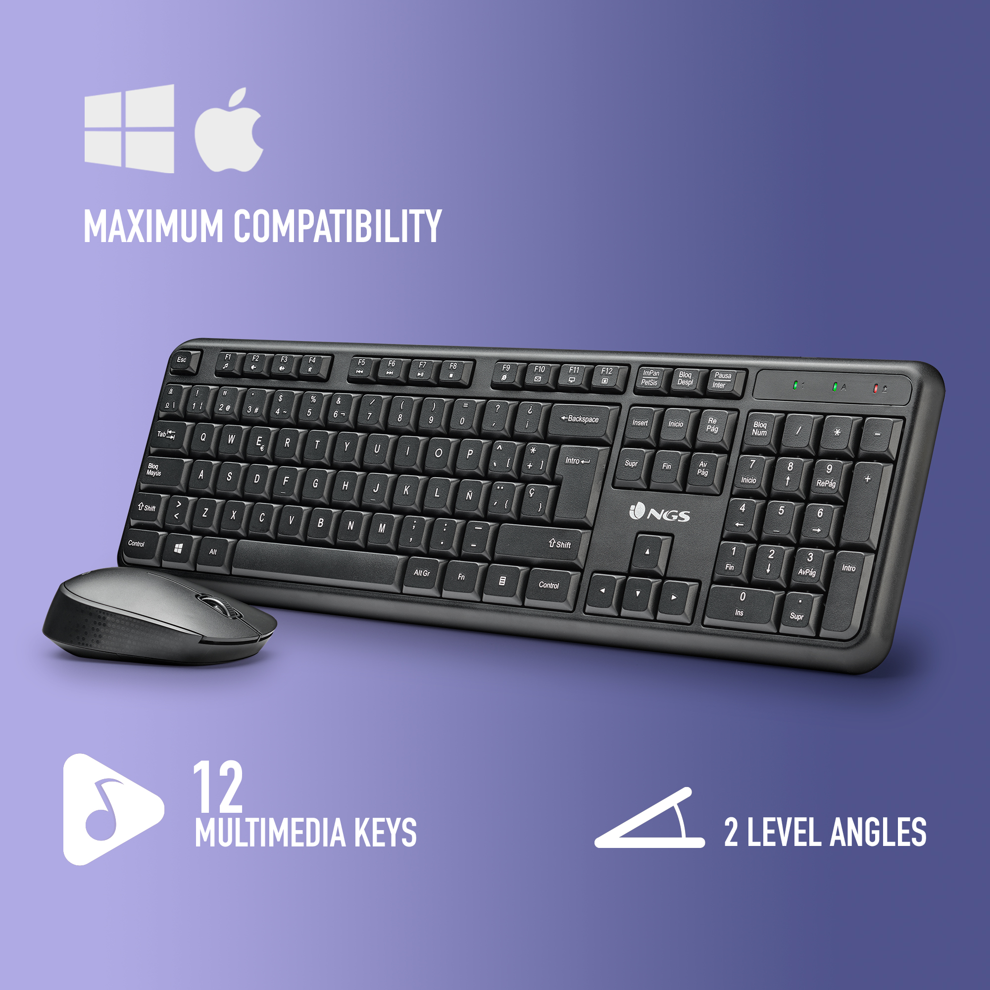 Tastiera e mouse neri con loghi Windows e Apple. 12 tasti multimediali.