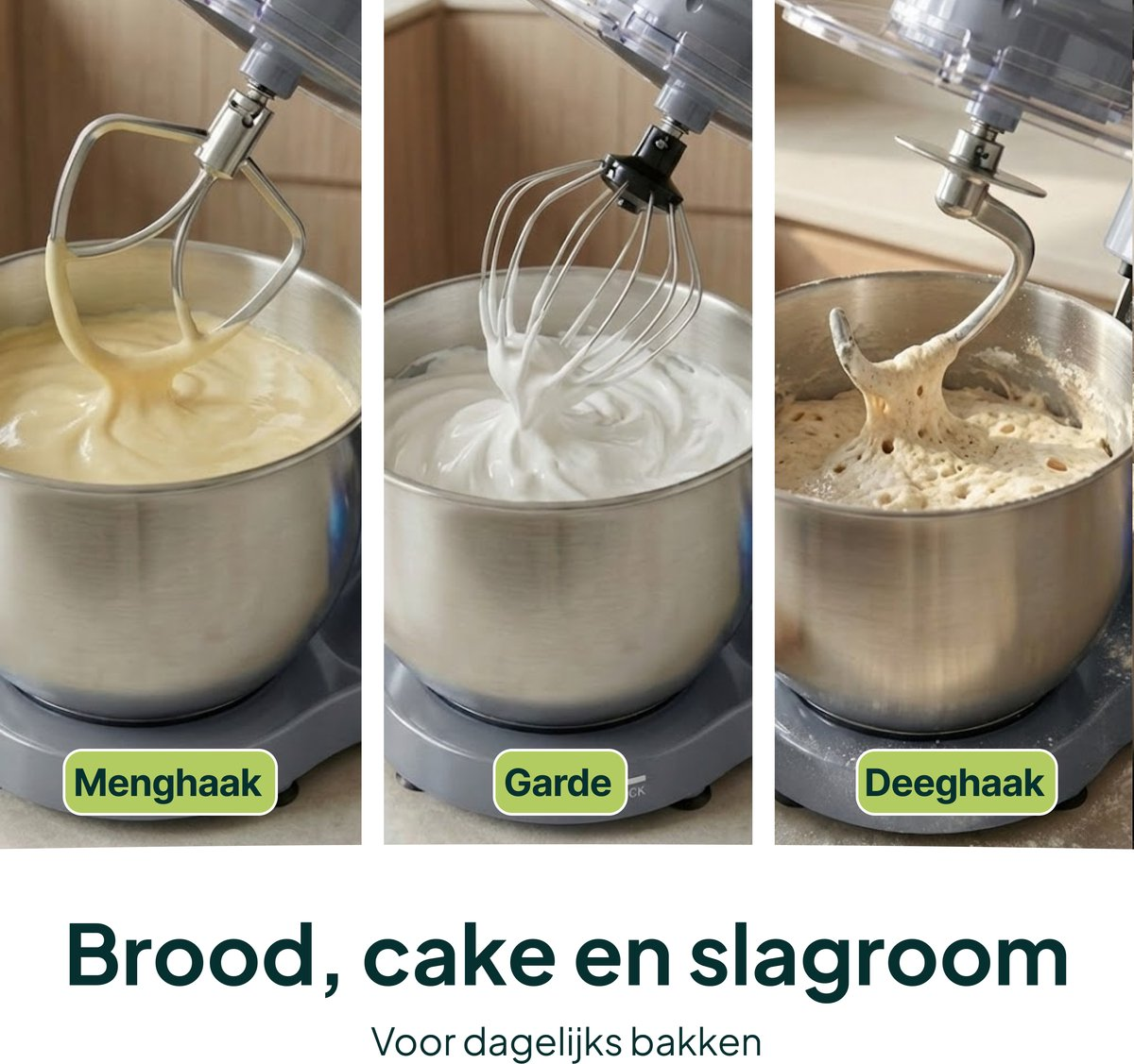 Stand mixer showing yellow batter, white meringue, and dough.