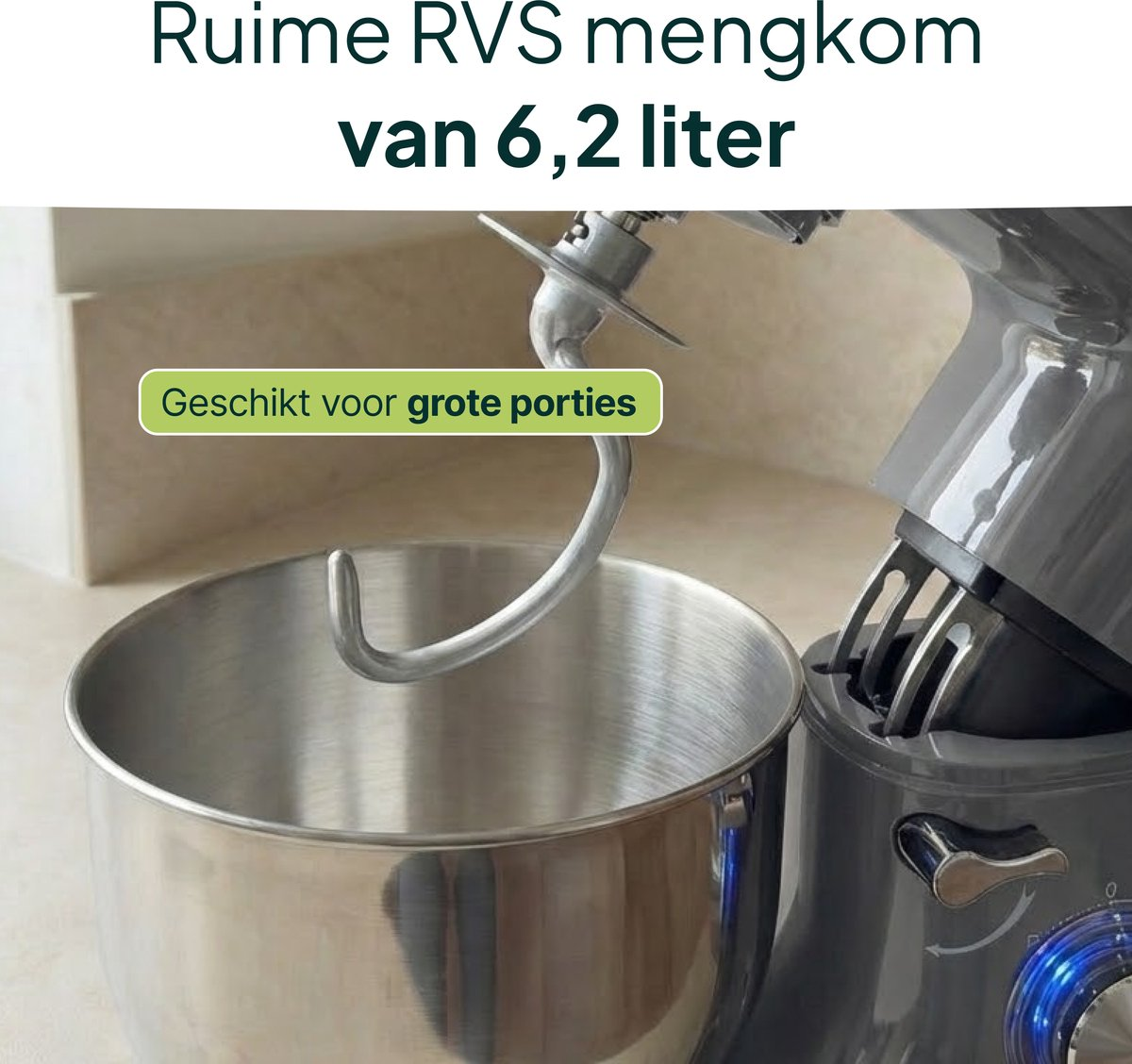 Grey kitchen mixer with large stainless steel bowl. Text: Large stainless steel bowl.