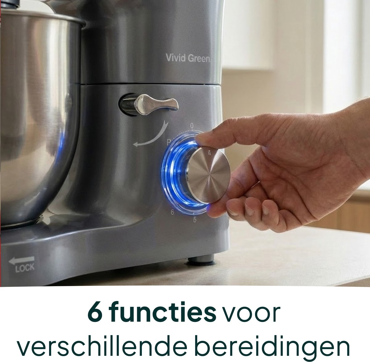A hand turns a lit dial on a kitchen mixer. Vivid Green is visible.