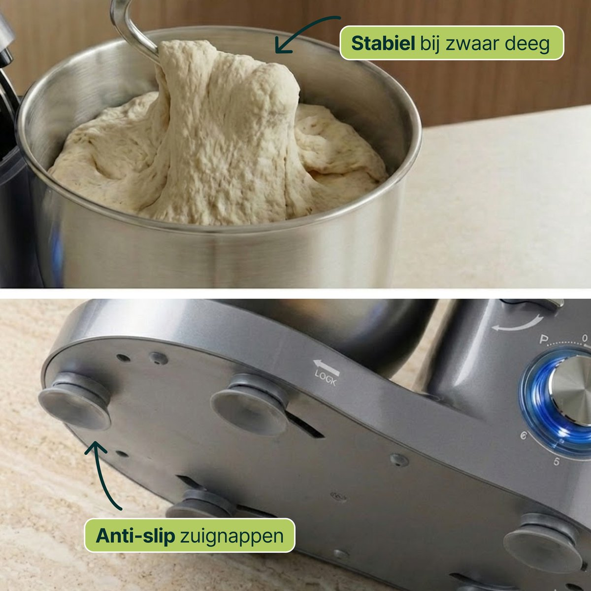 Stand mixer with dough hook, dough in bowl. Base with suction cups shown.