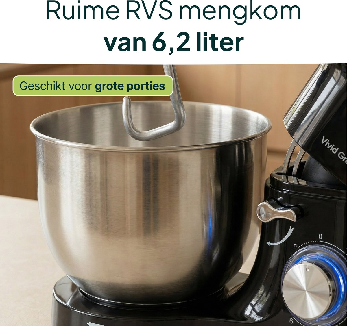 Large RVS bowl with hook, suitable for big portions.