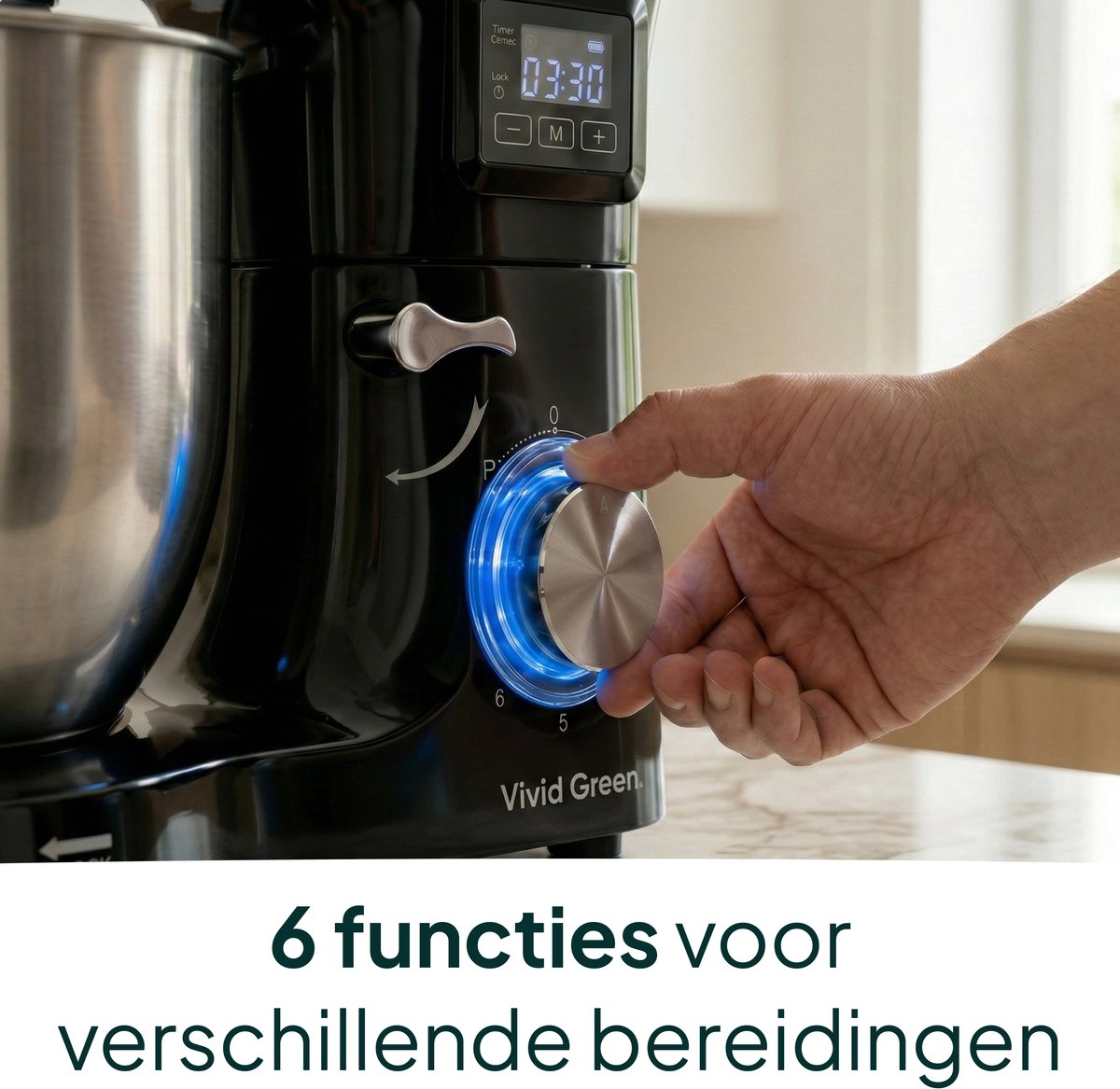 A hand turns a lit dial on a black stand mixer with a stainless steel bowl.