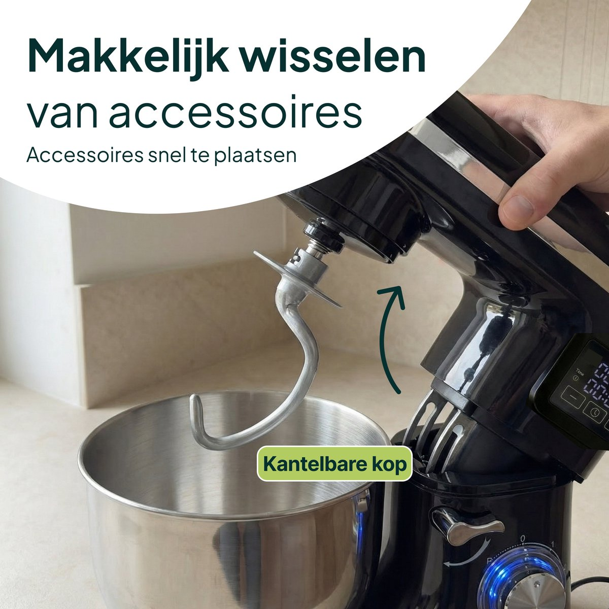 A black stand mixer with a silver dough hook above a stainless steel bowl.