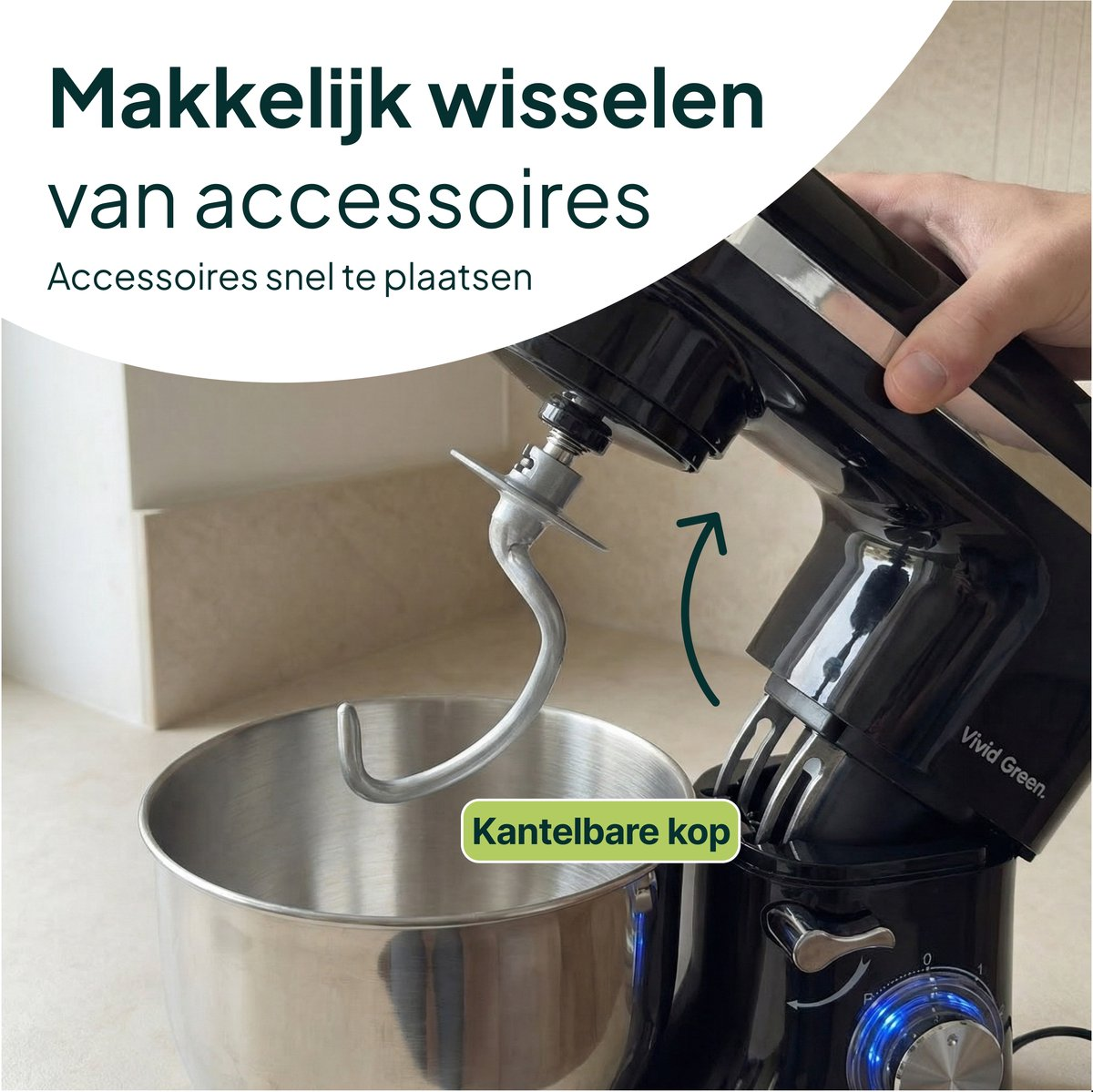A kitchen mixer with a dough hook above a stainless steel bowl. An arm lifts the appliance.