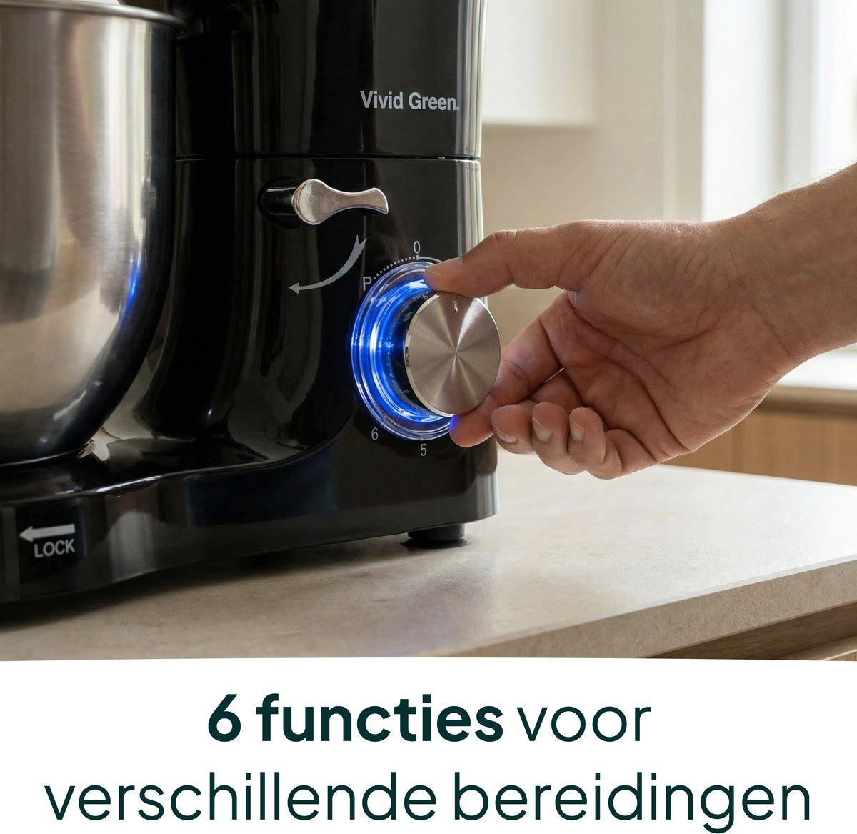 A hand turns a silver knob on a black kitchen mixer with blue illumination.