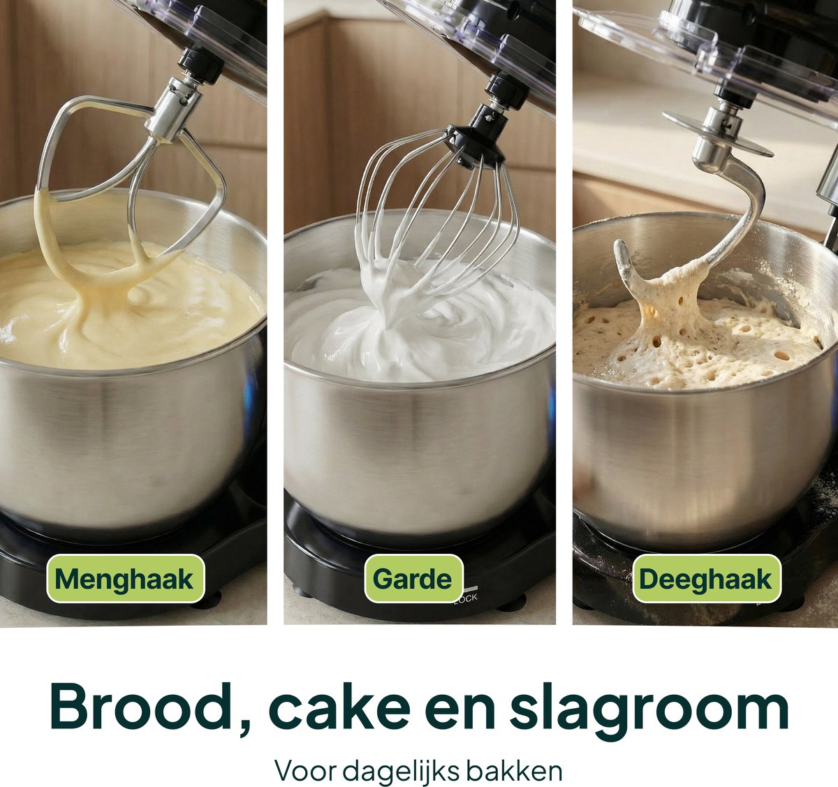 A mixer with three bowls: batter, meringue, and sourdough.