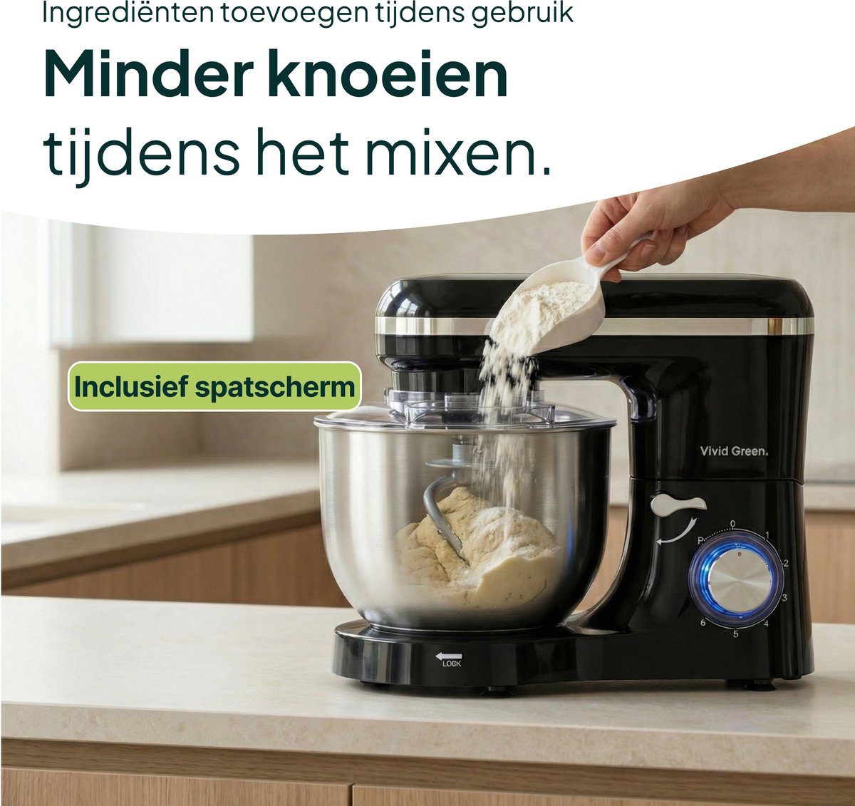 A black stand mixer with a bowl, as flour is added.