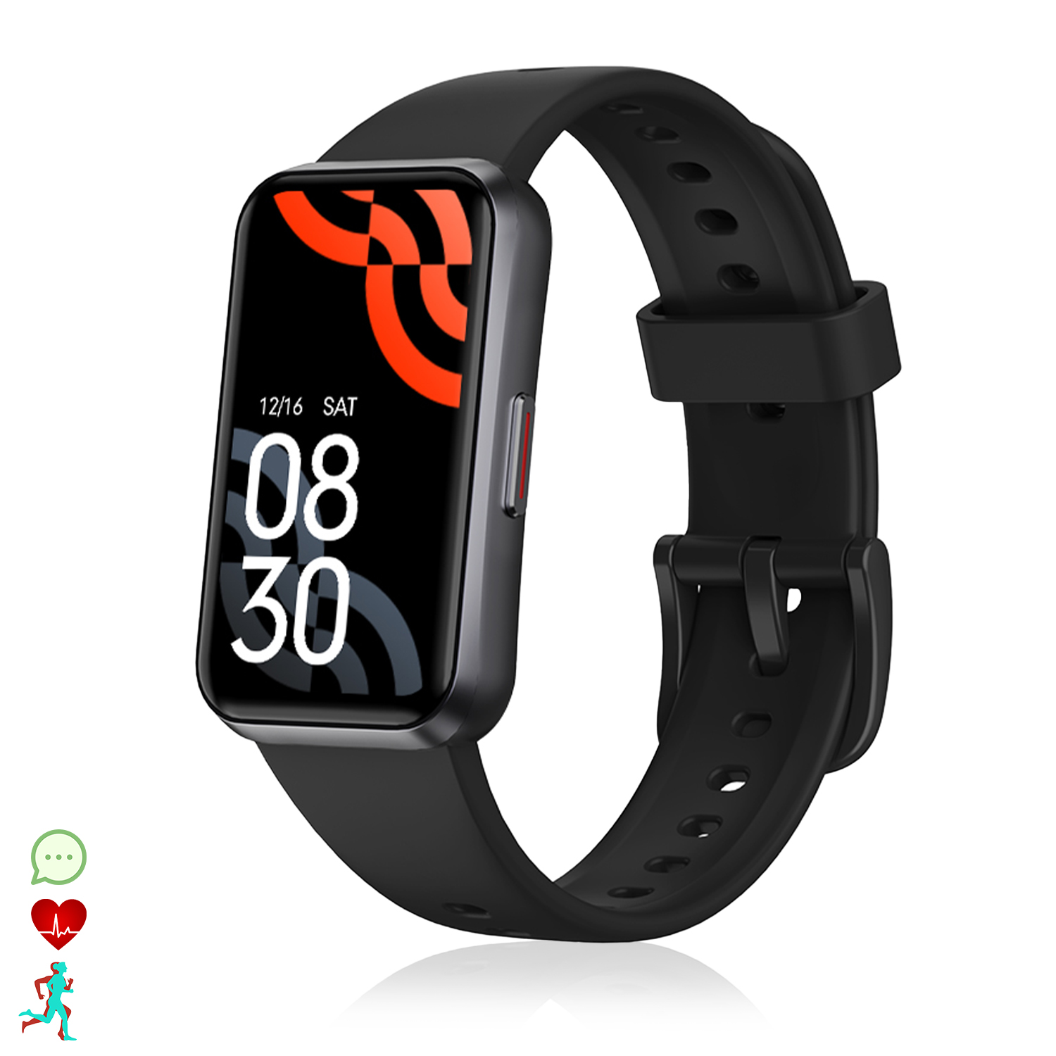 Uno smartwatch nero con display rettangolare che mostra le 08:30.