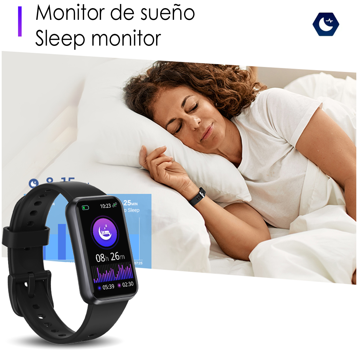 Donna che dorme, uno smartwatch mostra l'analisi del sonno.