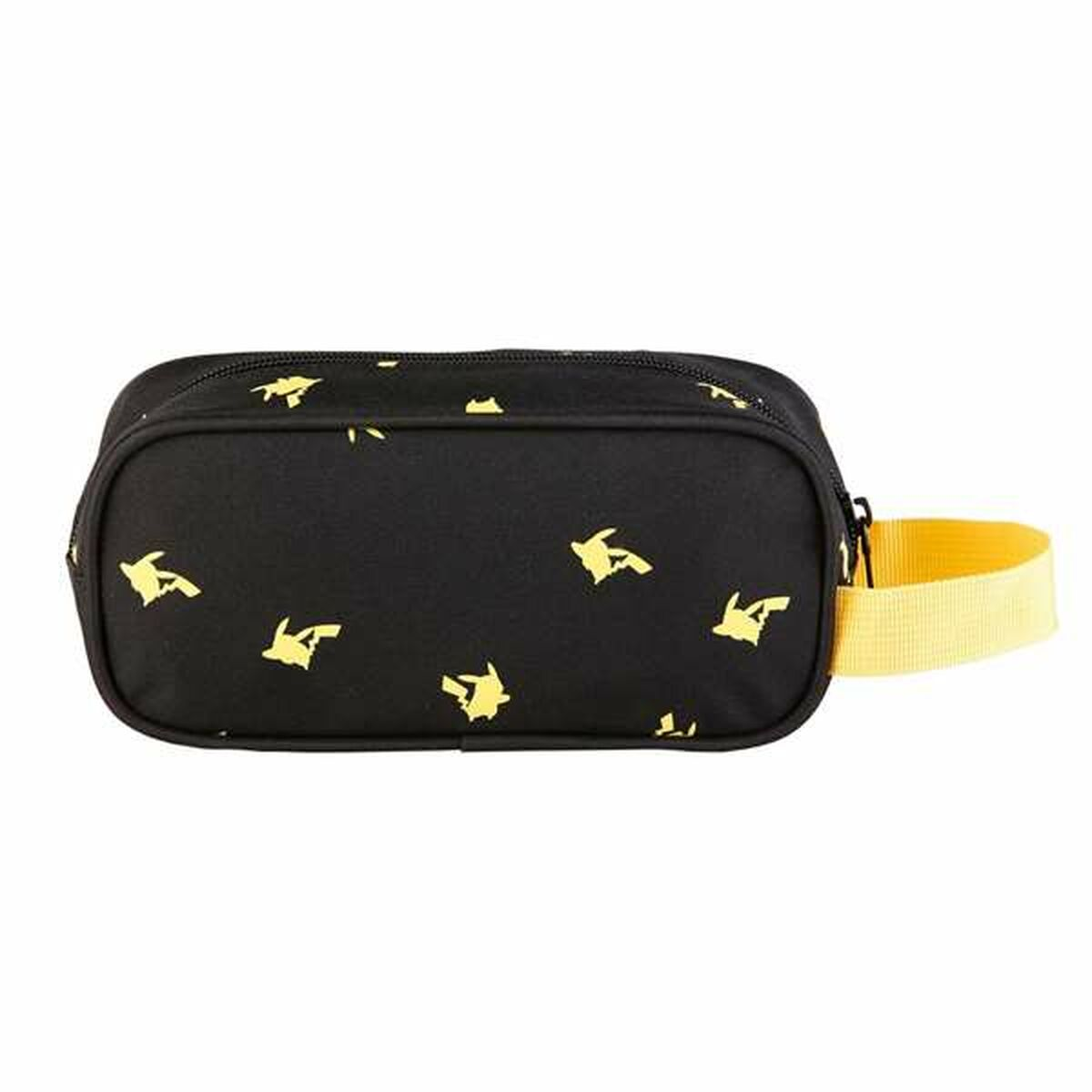 Bolso negro con siluetas amarillas de Pikachu y correa de transporte amarilla.