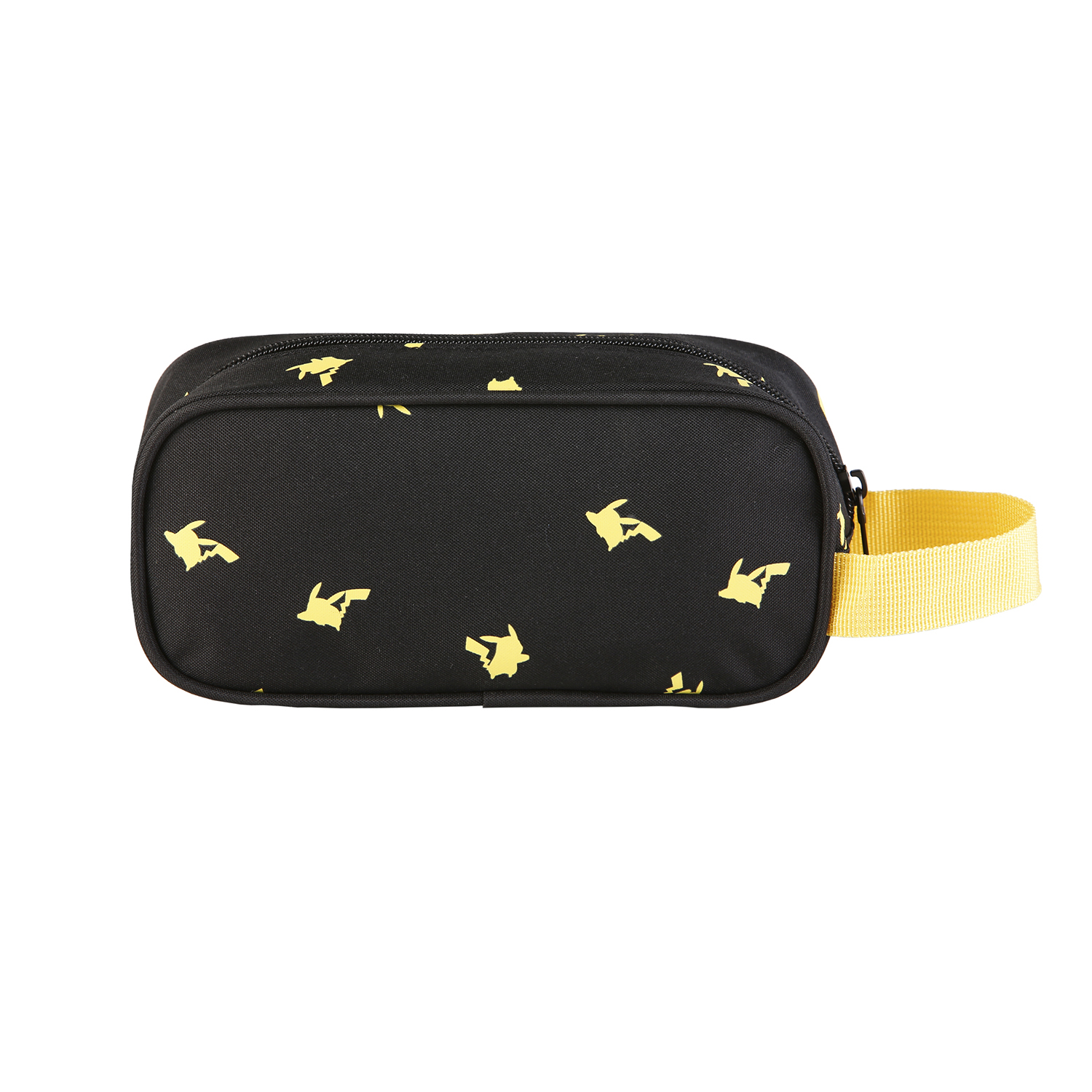 Estuche negro con estampado amarillo de Pikachu y asa amarilla.