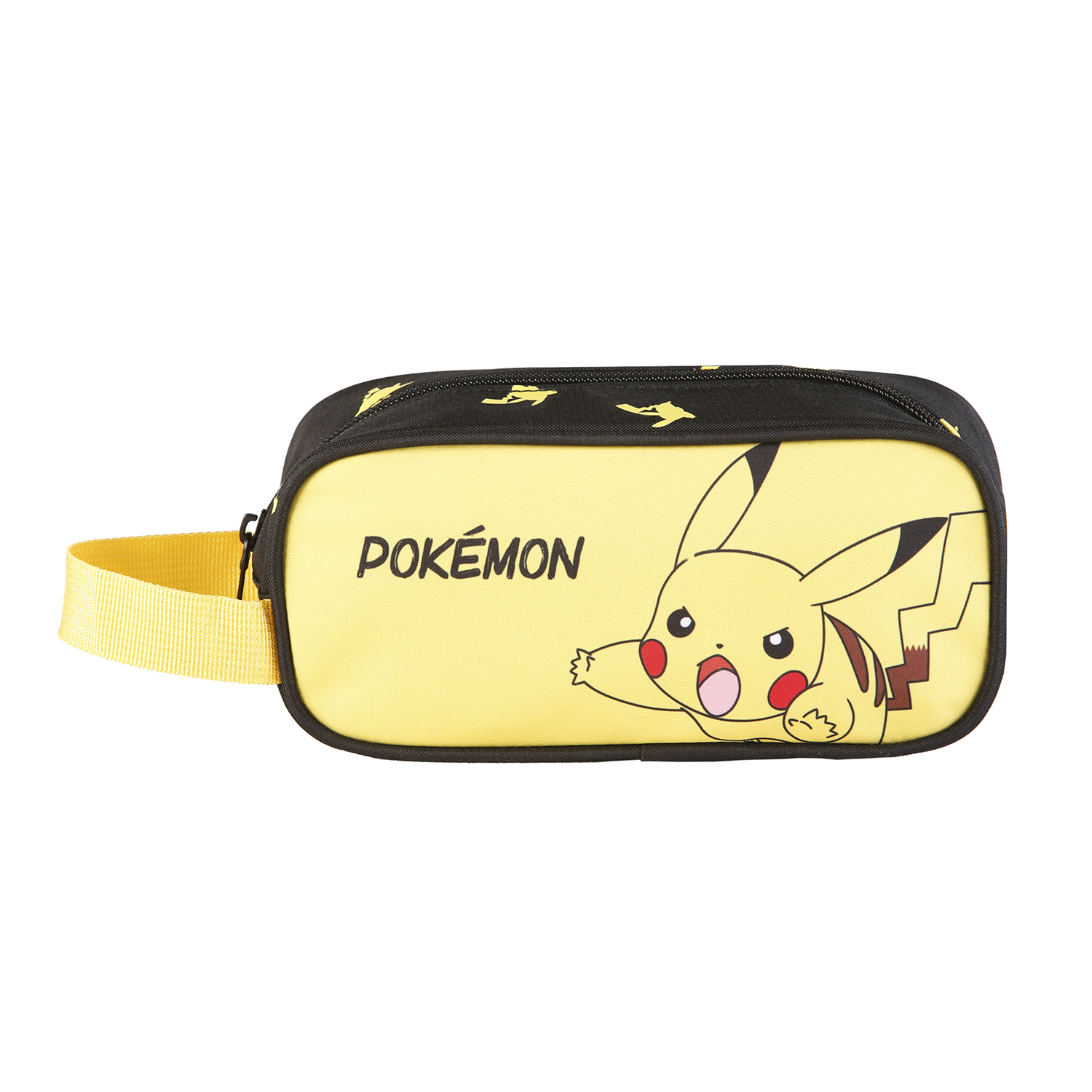 Estuche amarillo con Pikachu y texto "POKÉMON", con cremallera.