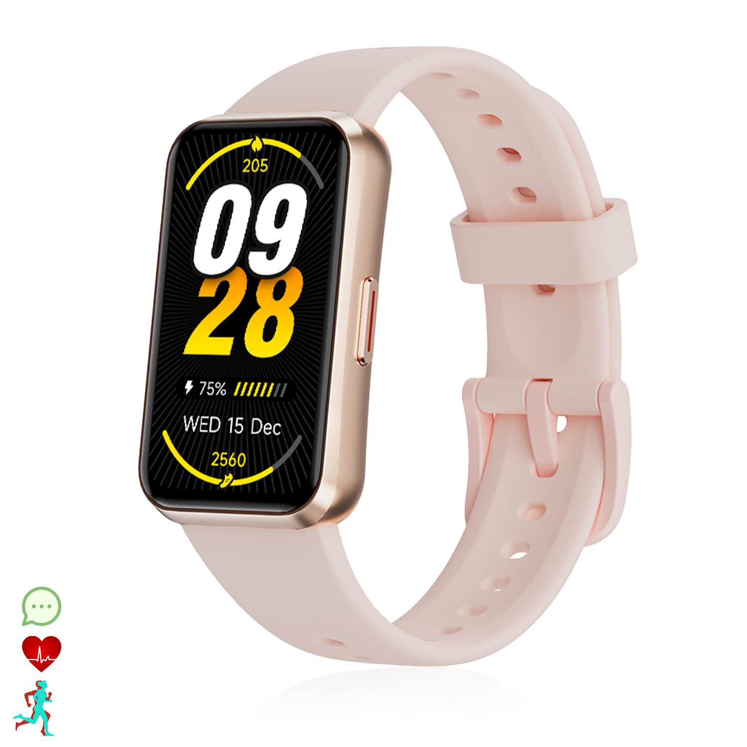 Uno smartwatch rosa con cassa dorata mostra ora, data, batteria e passi.