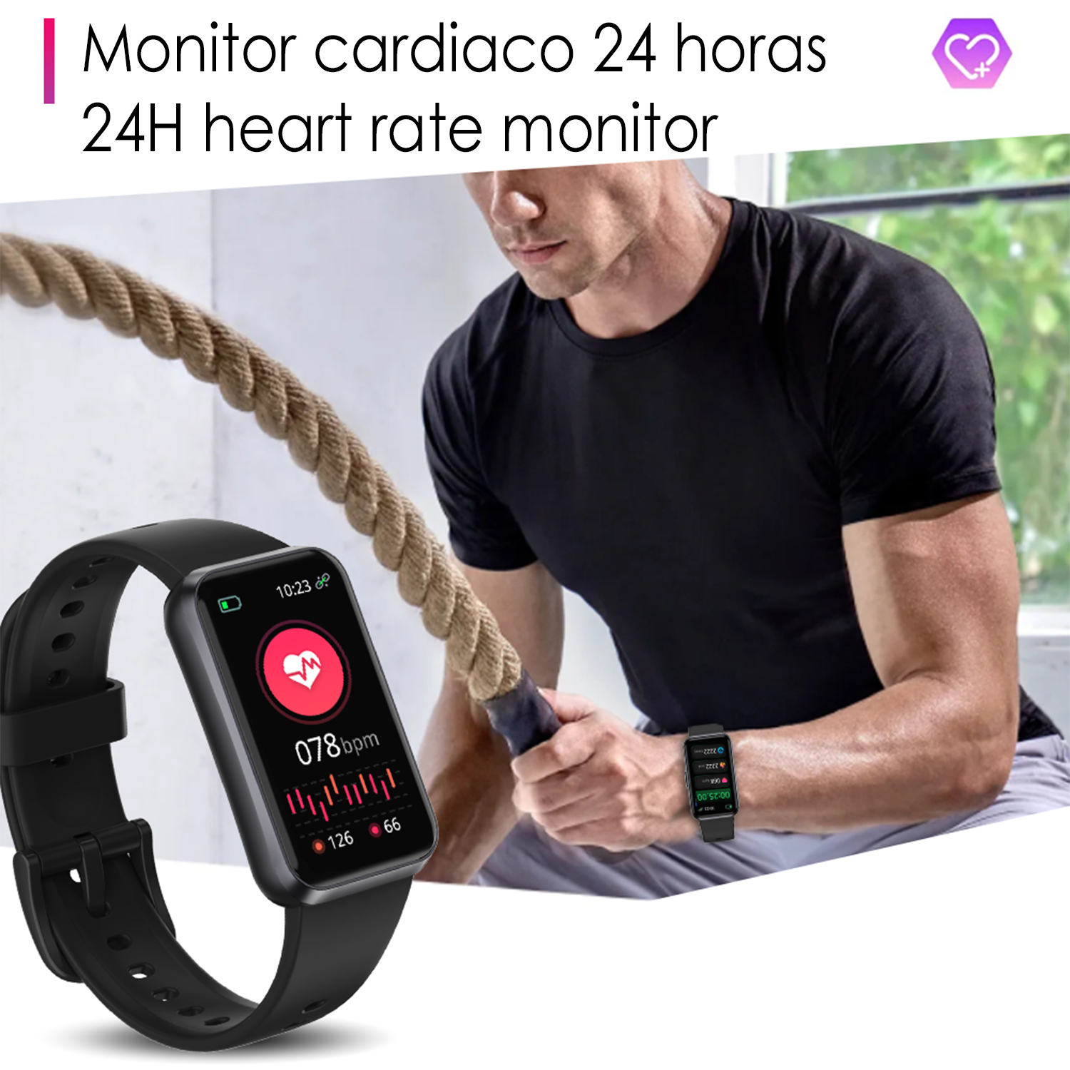 Un uomo si allena con una corda. Uno smartwatch mostra 78 bpm.