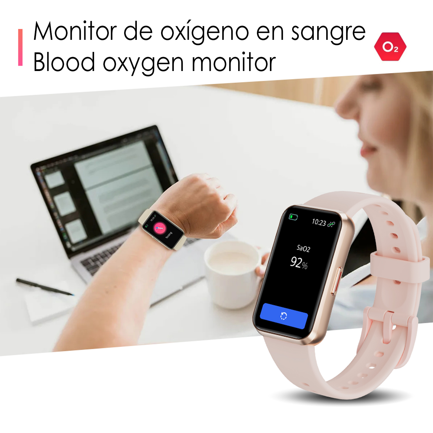 Persona con uno smartwatch rosa che mostra il 92% di SaO2.