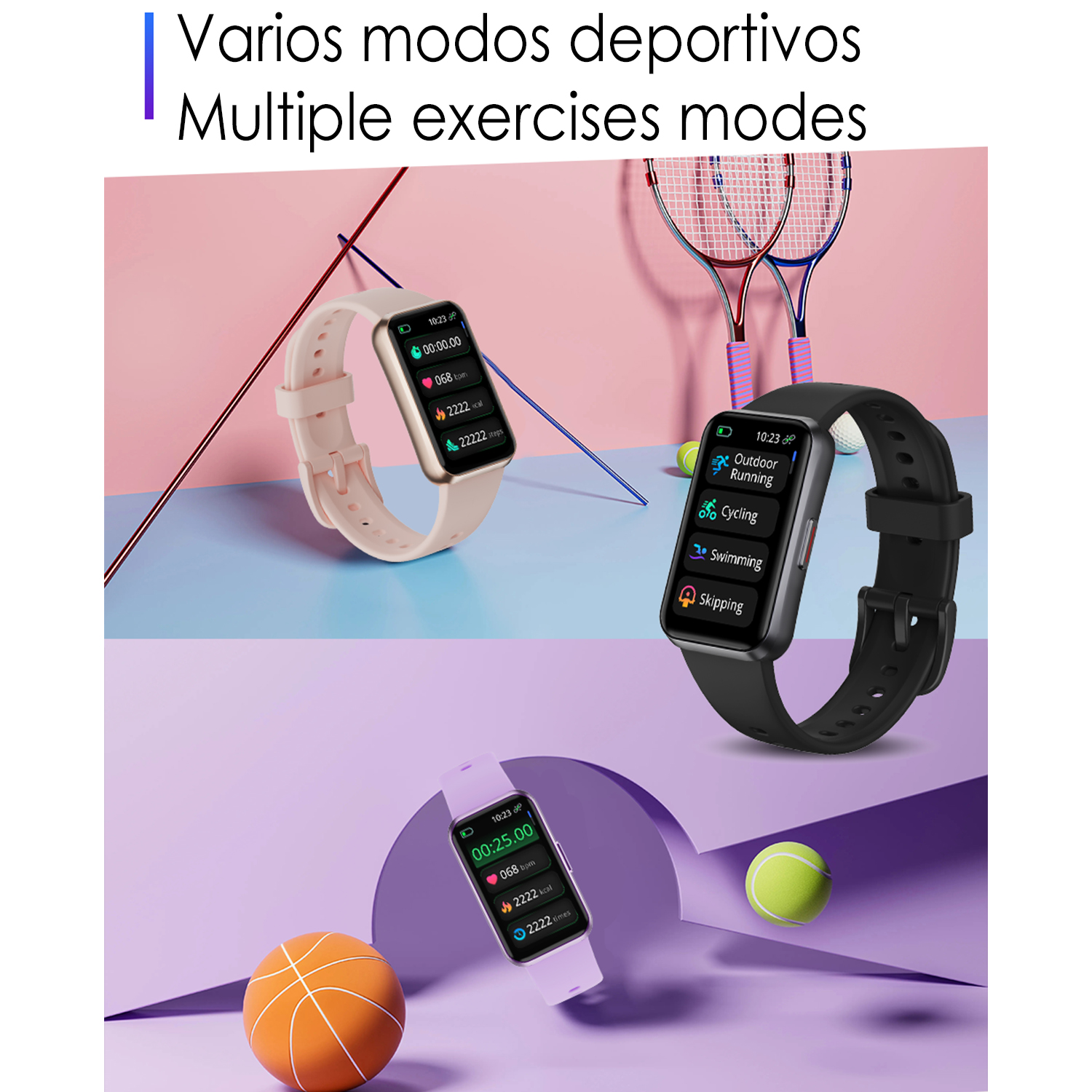 Tre smartwatch con modalità sportive, racchette da tennis, palla e pallacanestro.
