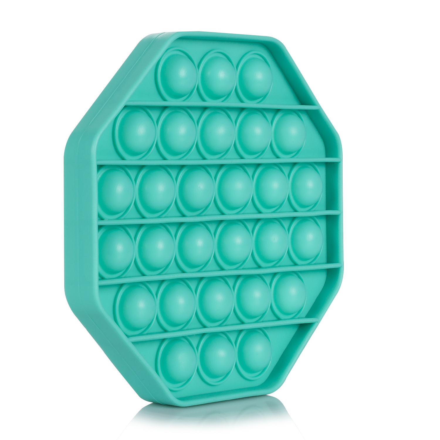 Un giocattolo antistress Pop It ottagonale color acquamarina con bolle.
