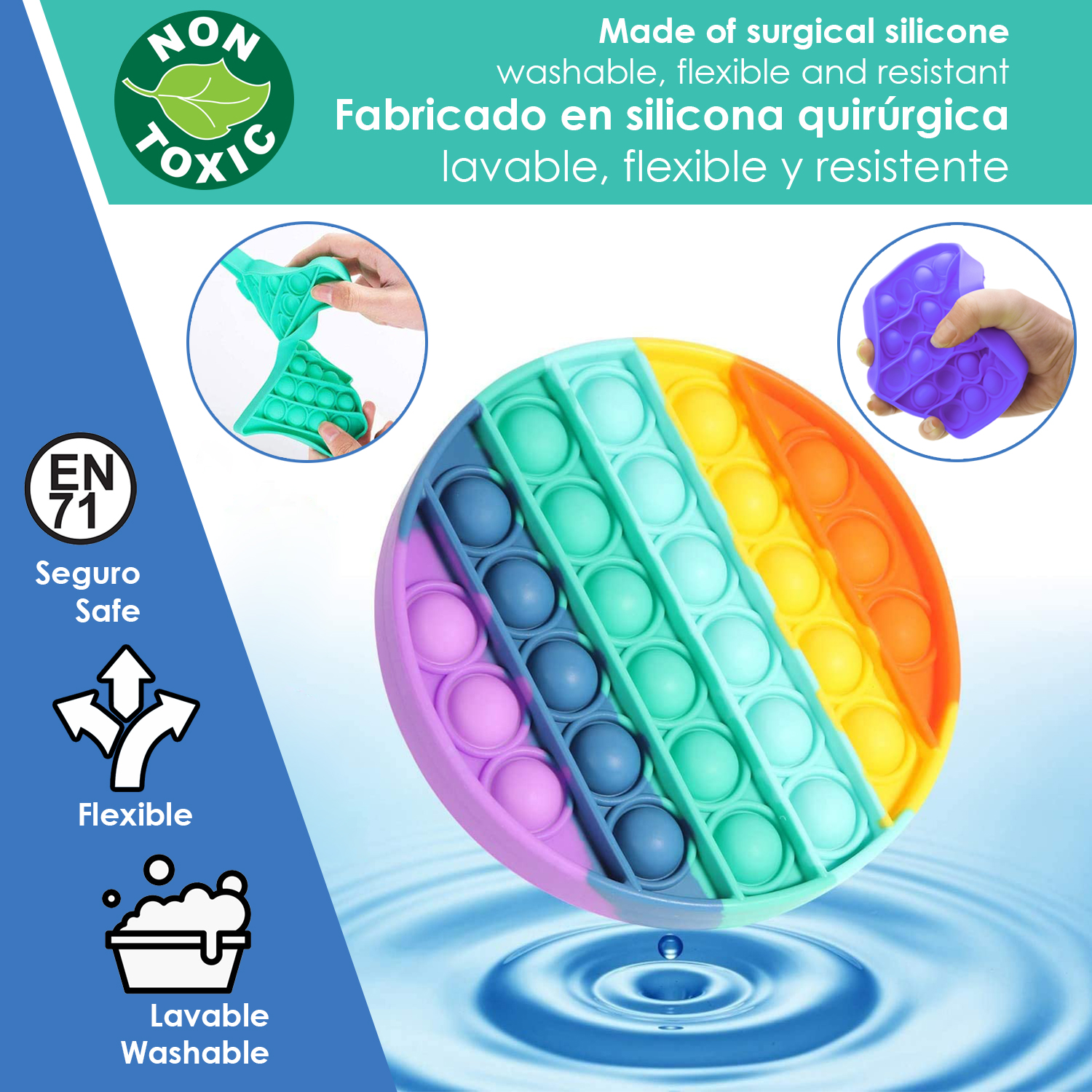 Una colorata palla Pop It in silicone con molte bolle, sicura e lavabile.