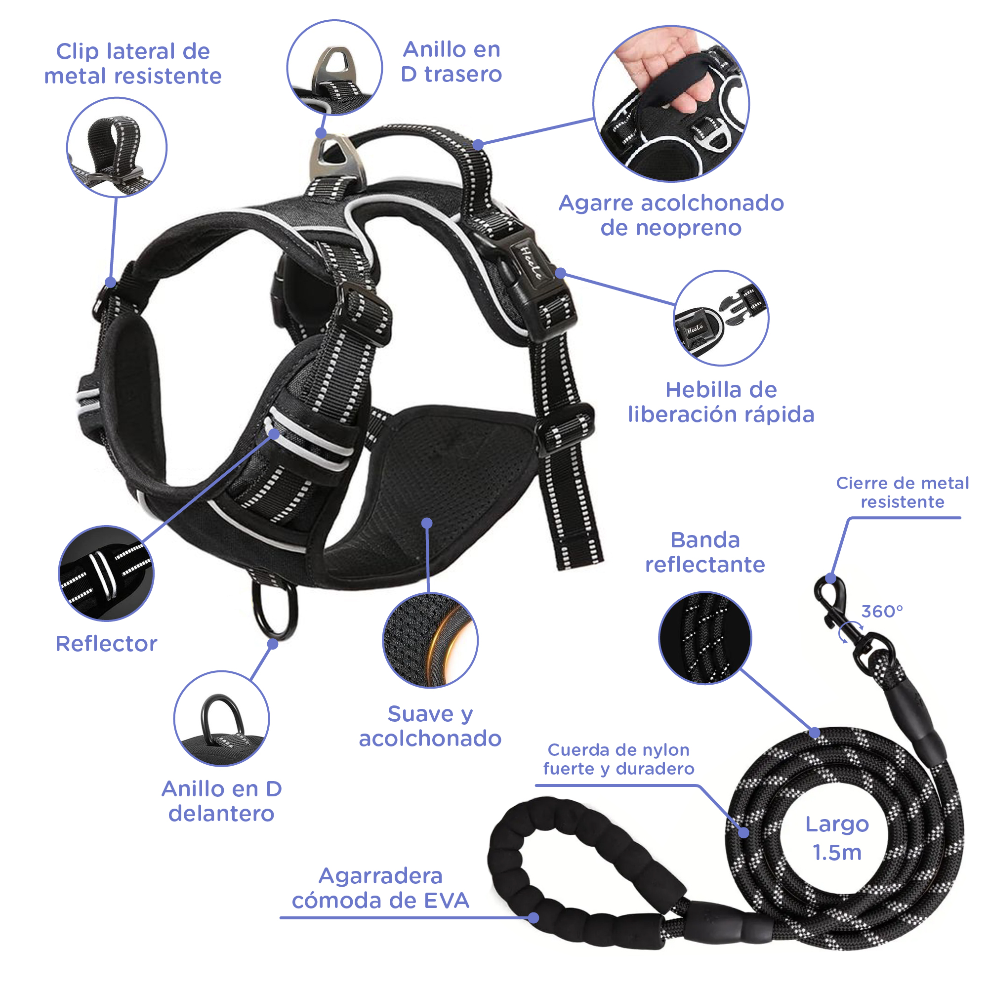Arnés negro para perro con correa, detalles reflectantes y clips metálicos.