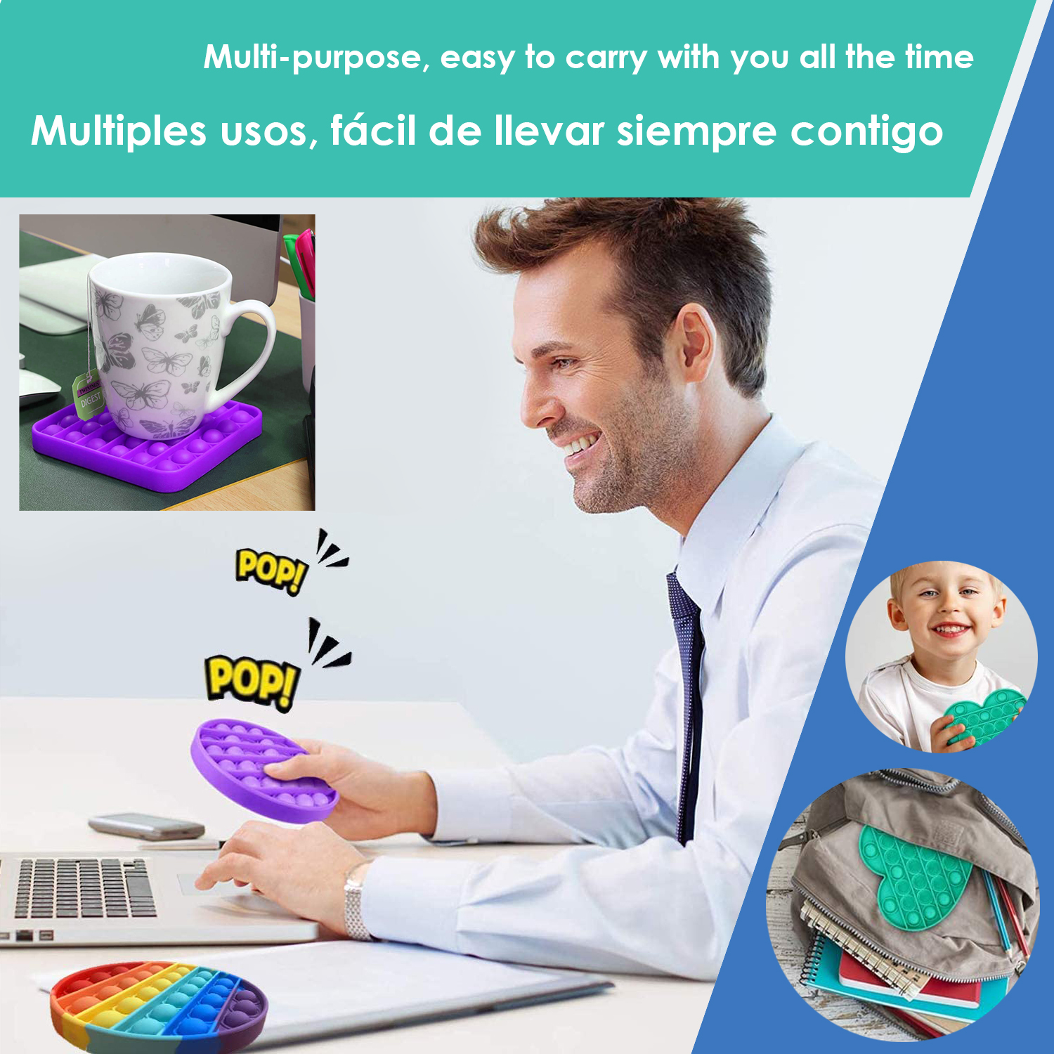 Uomo al laptop tiene giocattolo pop-it viola. Pop-it arcobaleno accanto.