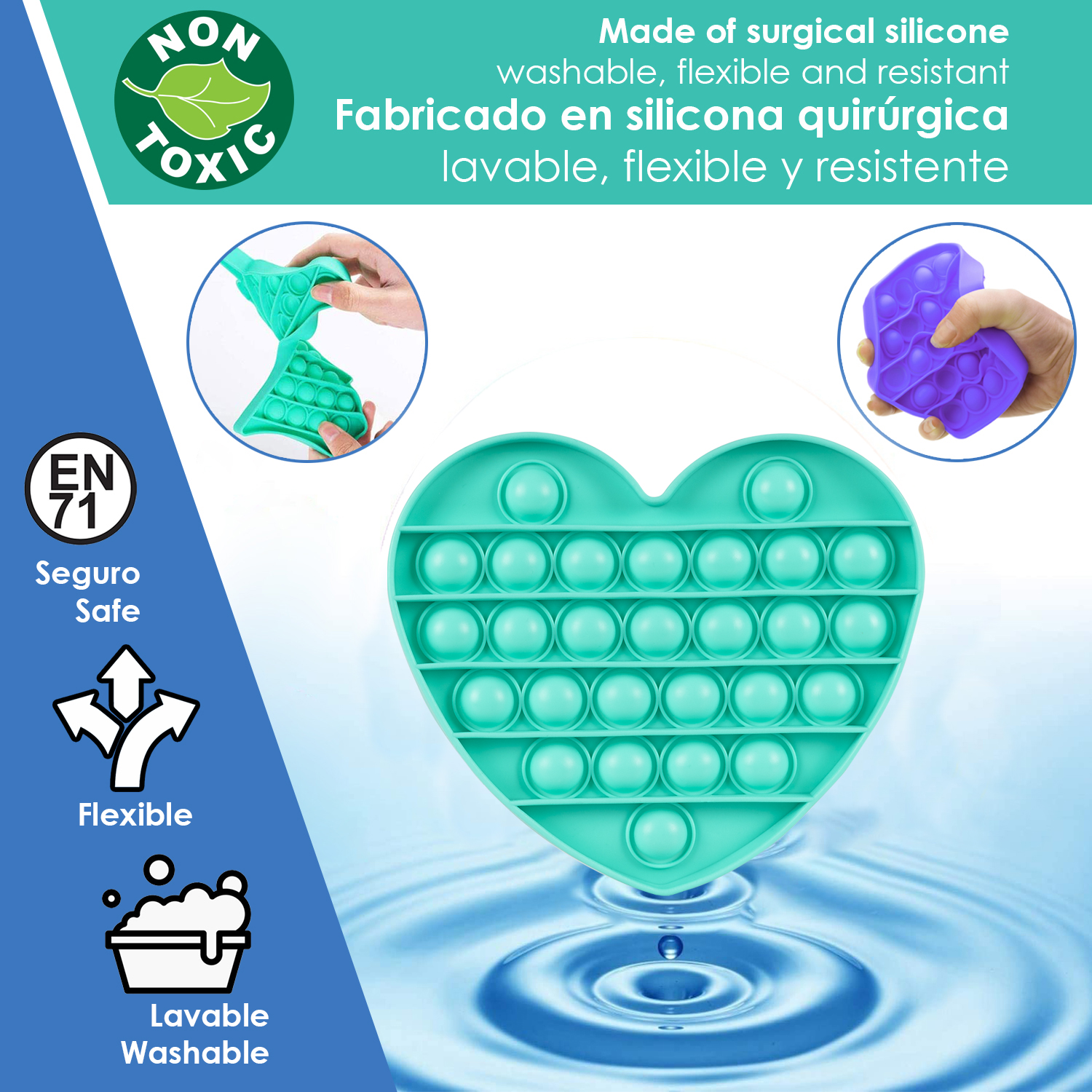 Un juguete pop-it de silicona en forma de corazón sobre ondas de agua.
