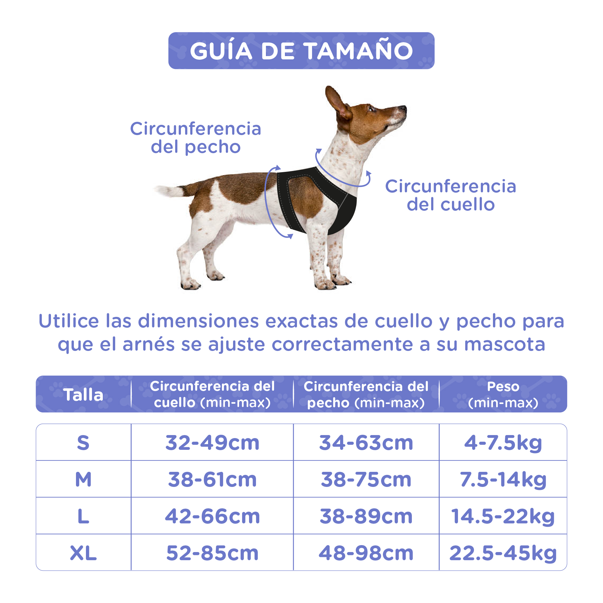 Guía de tallas de arneses para perros, con medidas de cuello, pecho y peso.