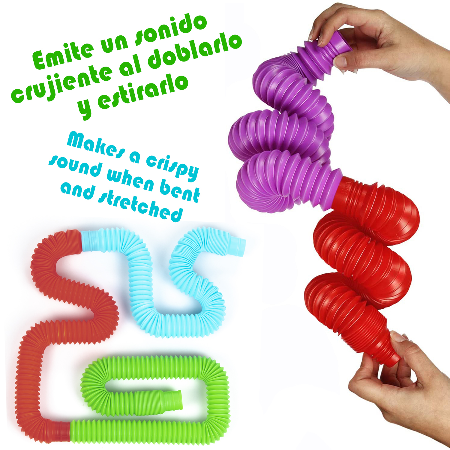 Tubos pop de colores doblados y estirados por manos sobre fondo blanco.