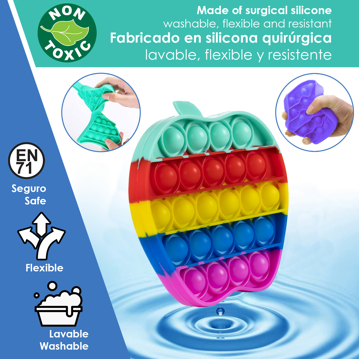 Un juguete pop-it de manzana colorido con burbujas sobre agua azul.