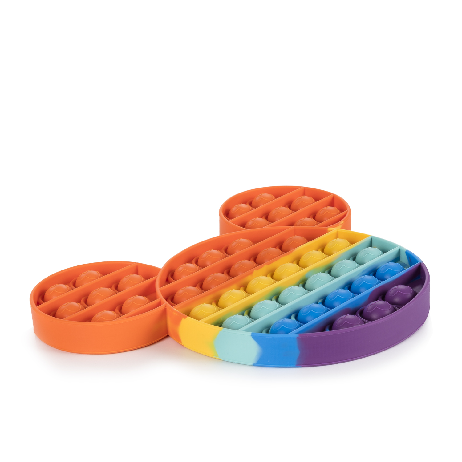 Un juguete Pop It de colores arcoíris con forma de orejas de Mickey Mouse.