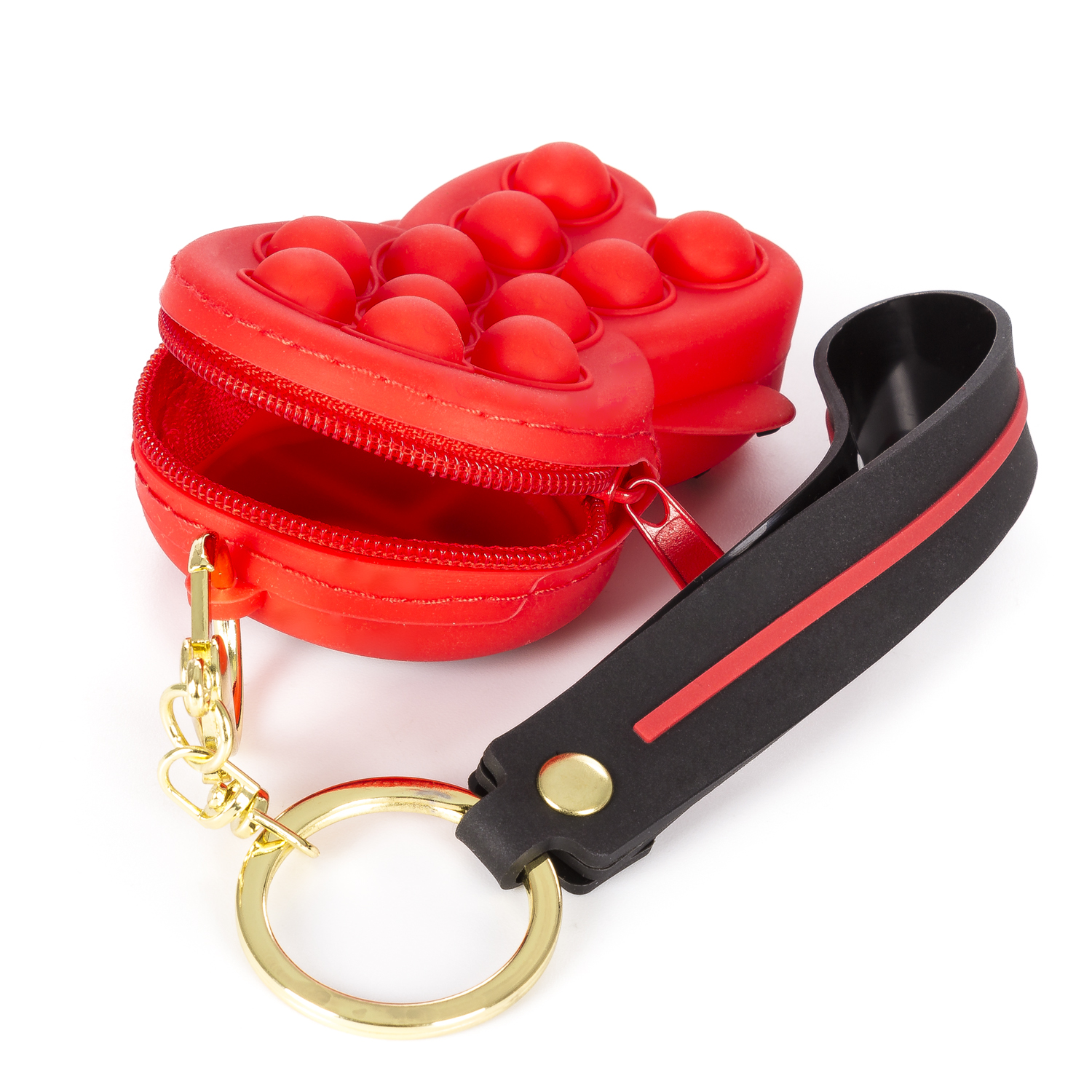 Monedero Pop-It rojo en forma de corazón con correa negra y llavero.