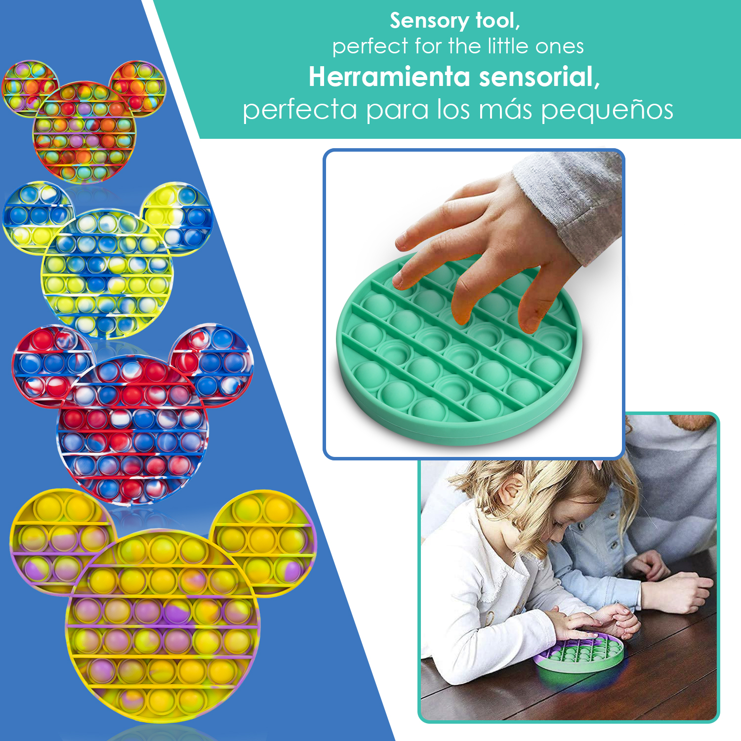 Juguetes Pop-It coloridos con forma de Mickey Mouse y un niño jugando con uno verde.