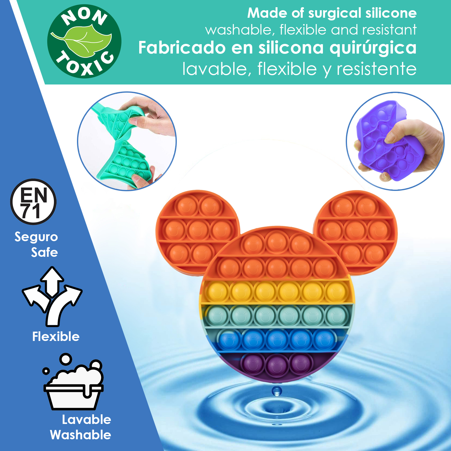 Juguetes Pop-It coloridos con forma de Mickey Mouse sobre fondo de agua azul.