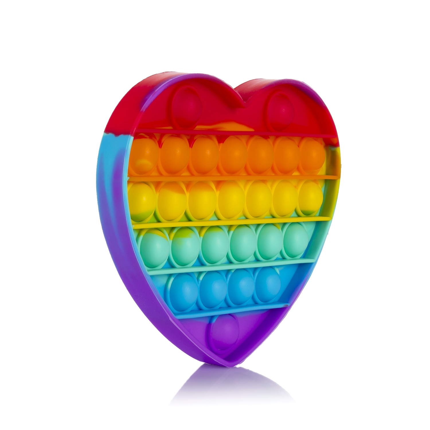 Un juguete Pop-It en forma de corazón en colores del arcoíris sobre fondo blanco.