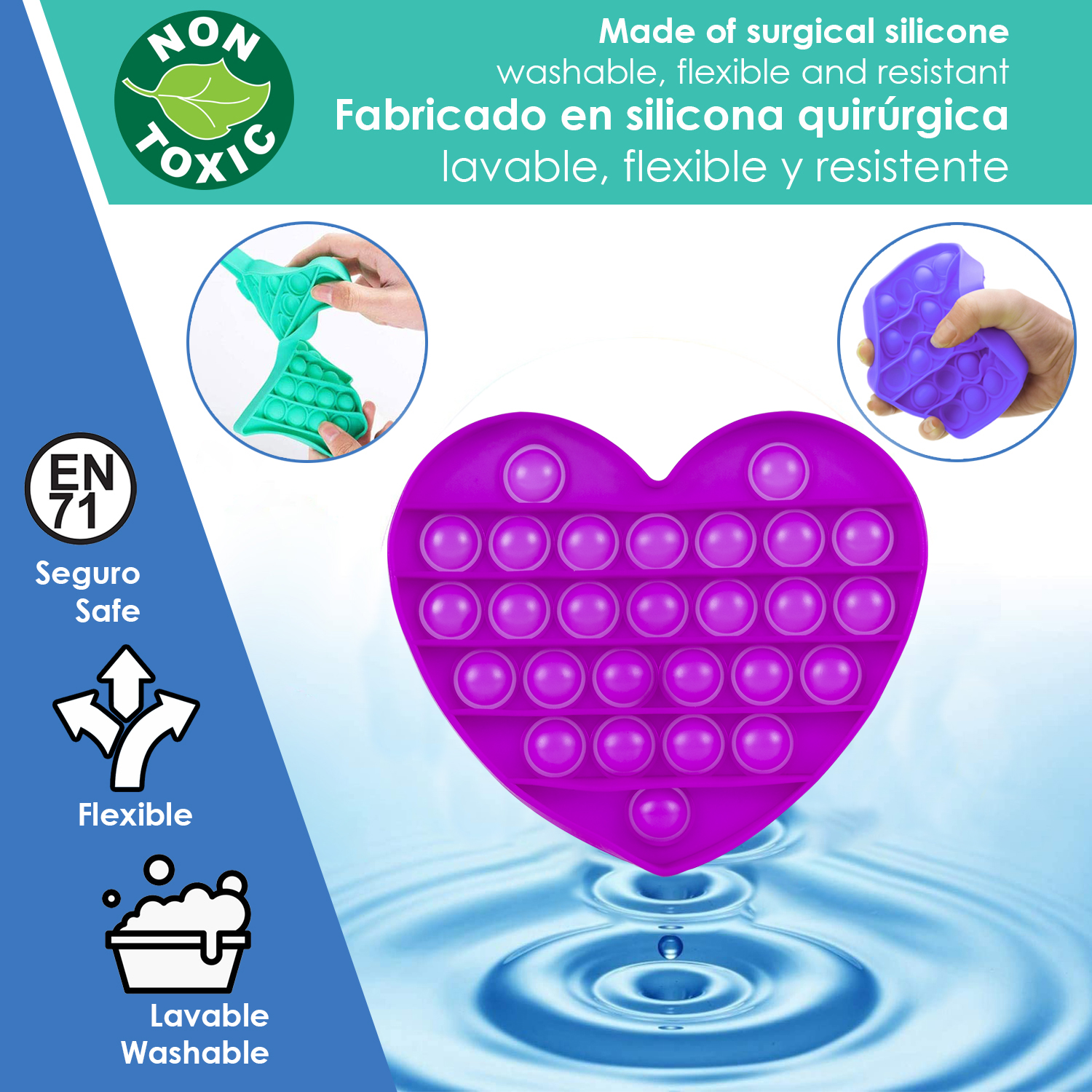 Un juguete Fidget de burbujas en forma de corazón rosa descansa sobre agua.