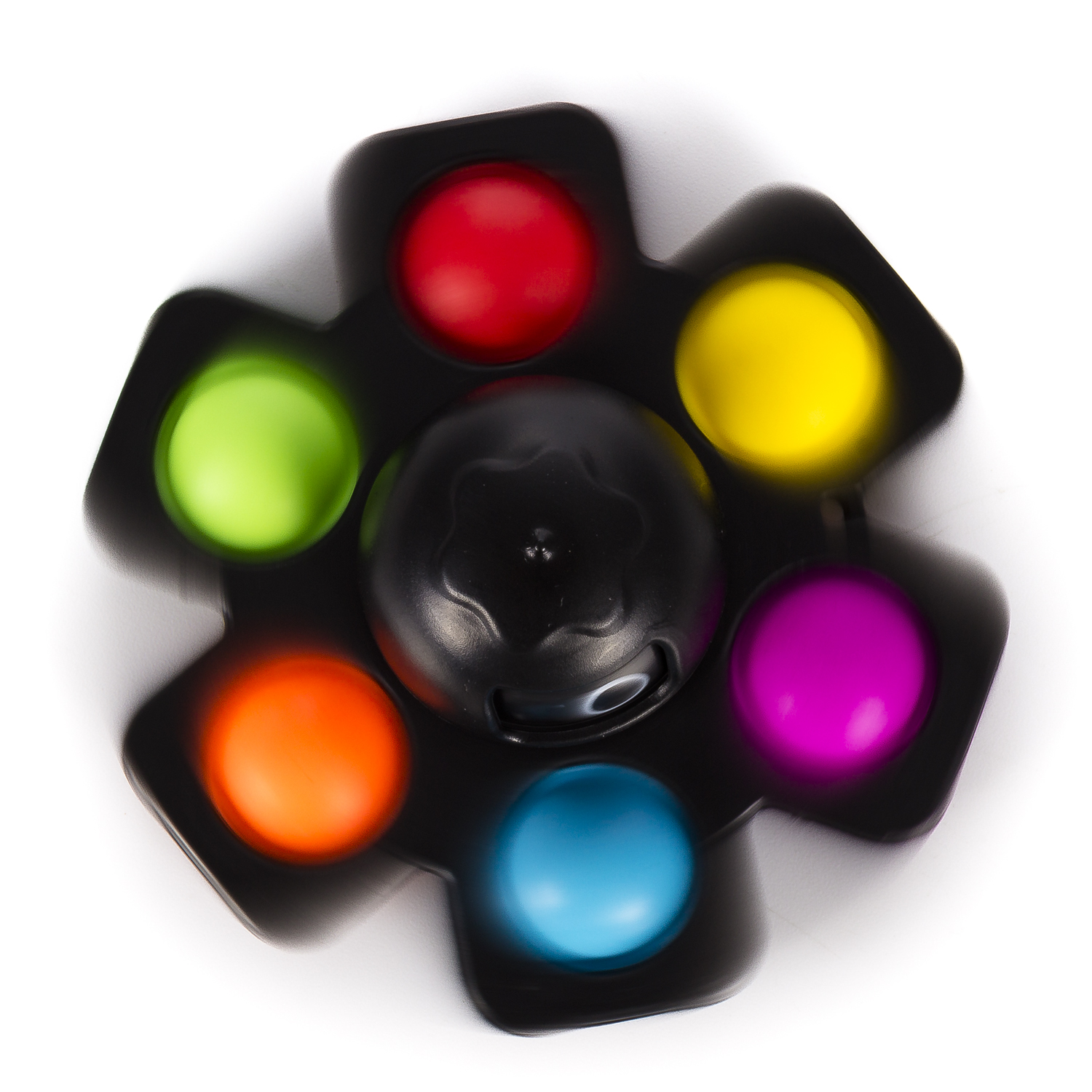 Un spinner negro con botones de colores: rojo, amarillo, rosa, azul, naranja, verde.