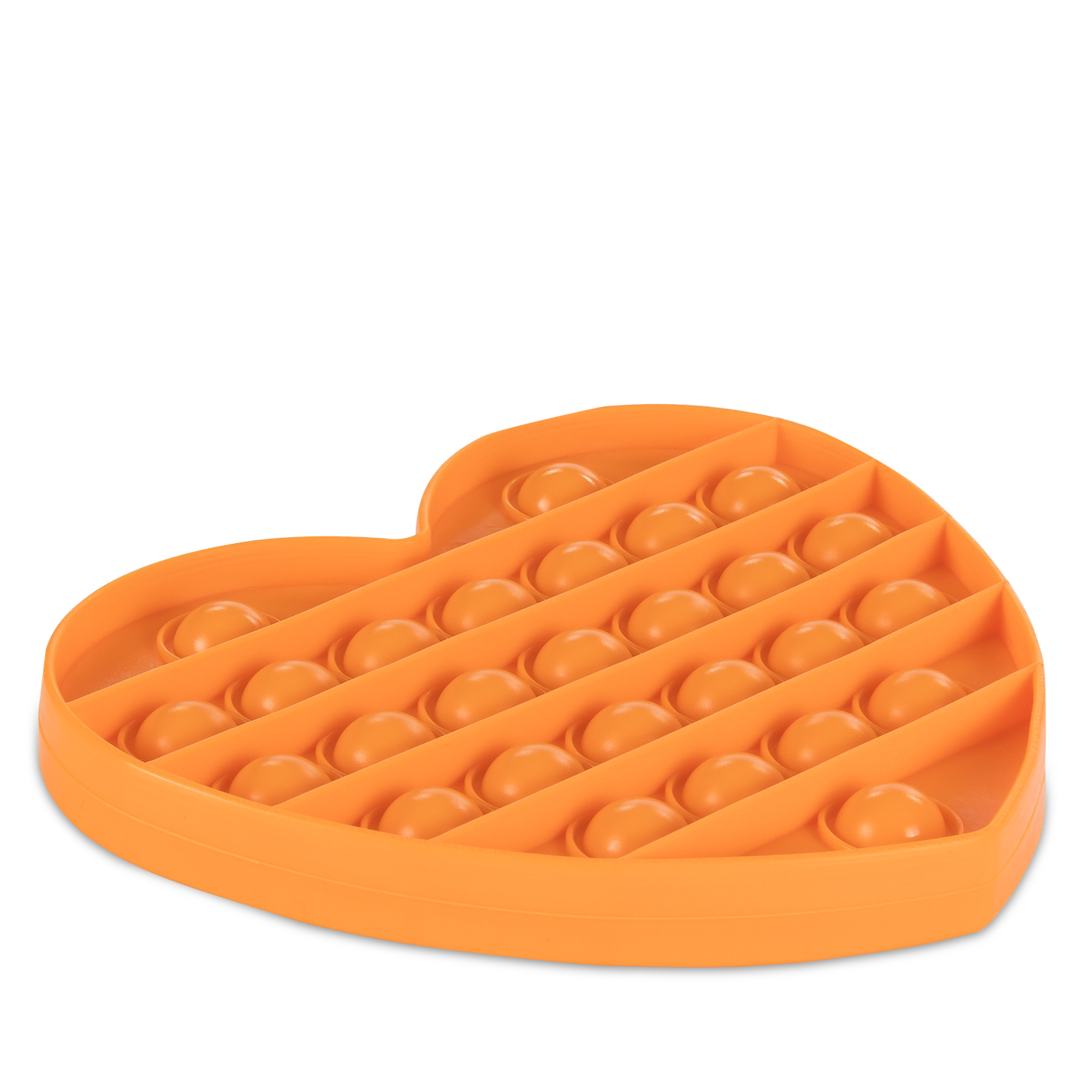Un juguete Pop It naranja en forma de corazón con muchas burbujas.