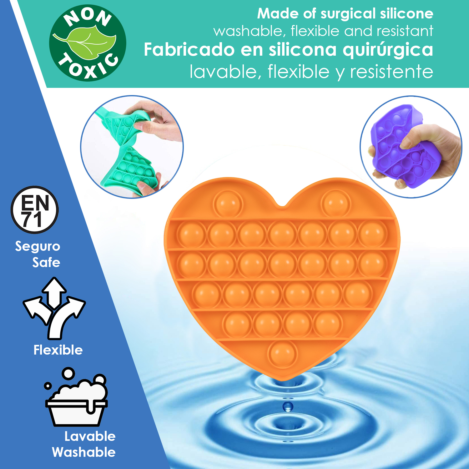 Un juguete pop-it naranja en forma de corazón sobre agua azul con texto sobre sus características.