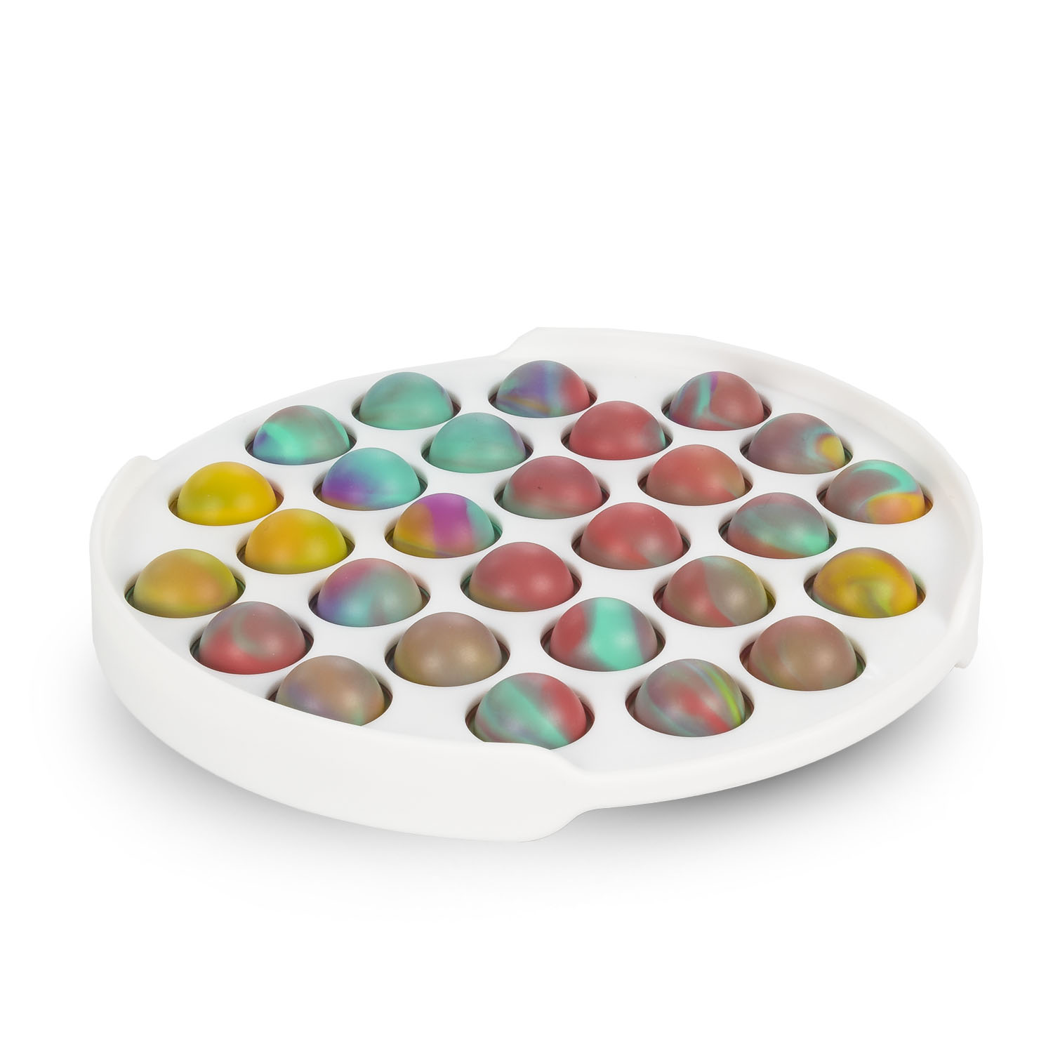 Un juguete Pop-It blanco con 25 burbujas coloridas teñidas.