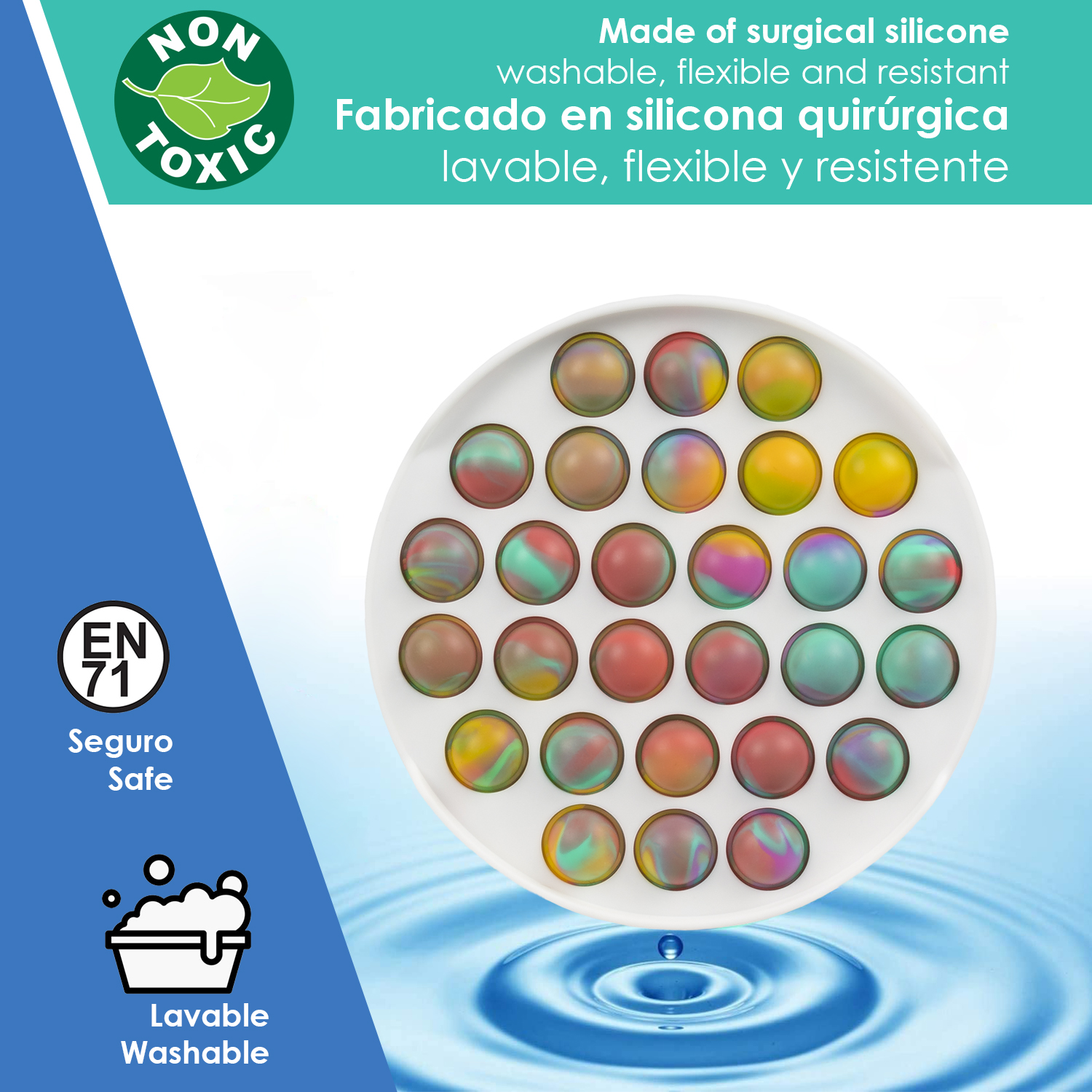 Un juguete redondo con 25 burbujas de colores sobre fondo blanco.